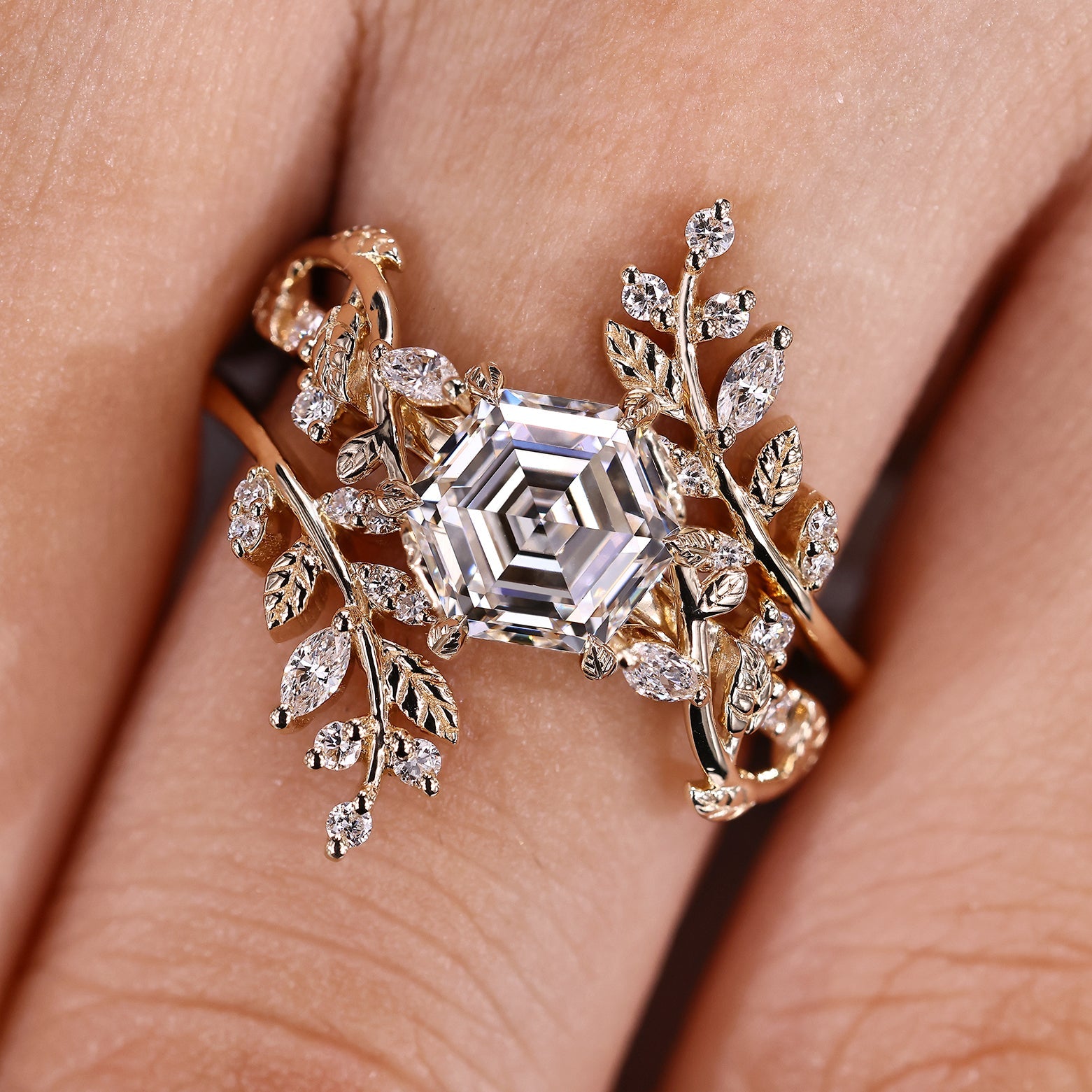 Hexagon Engagement Ring With Wedding Band In Nature Inspired Style