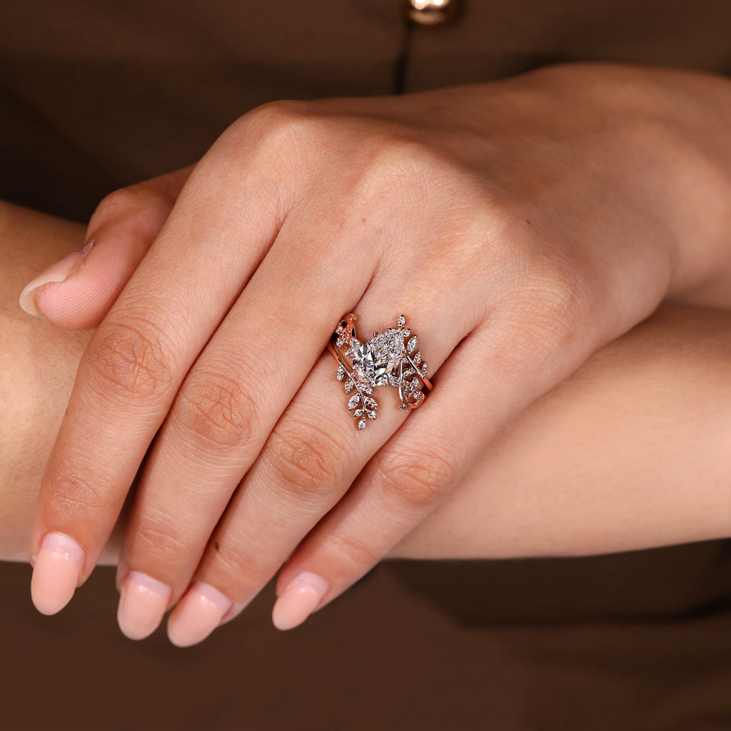 Pear Shaped Engagement Ring With Wedding Band In Nature Inspired Style