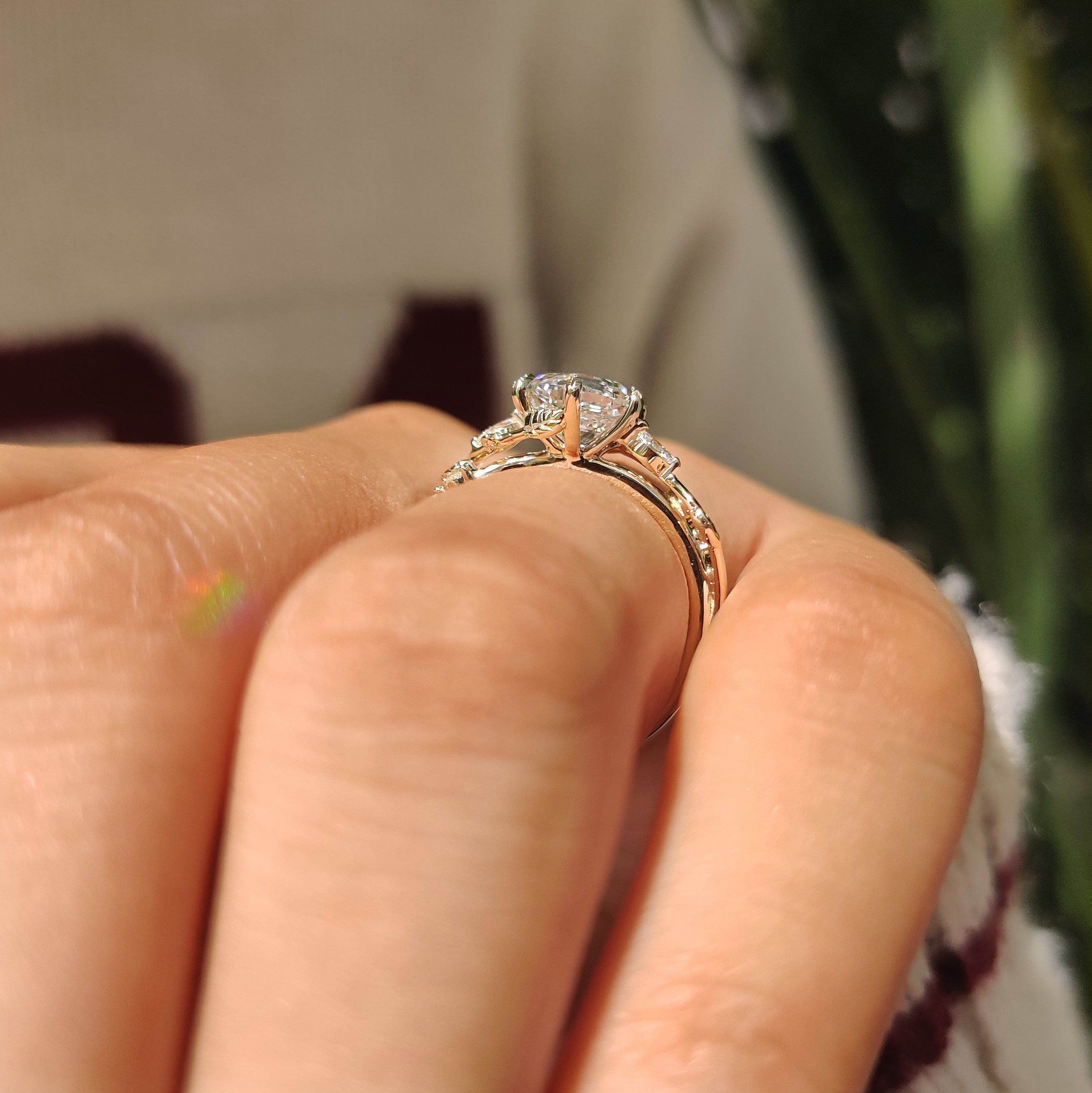 Nature Inspired Hexagon Cut Engagement Ring in Cluster Setting