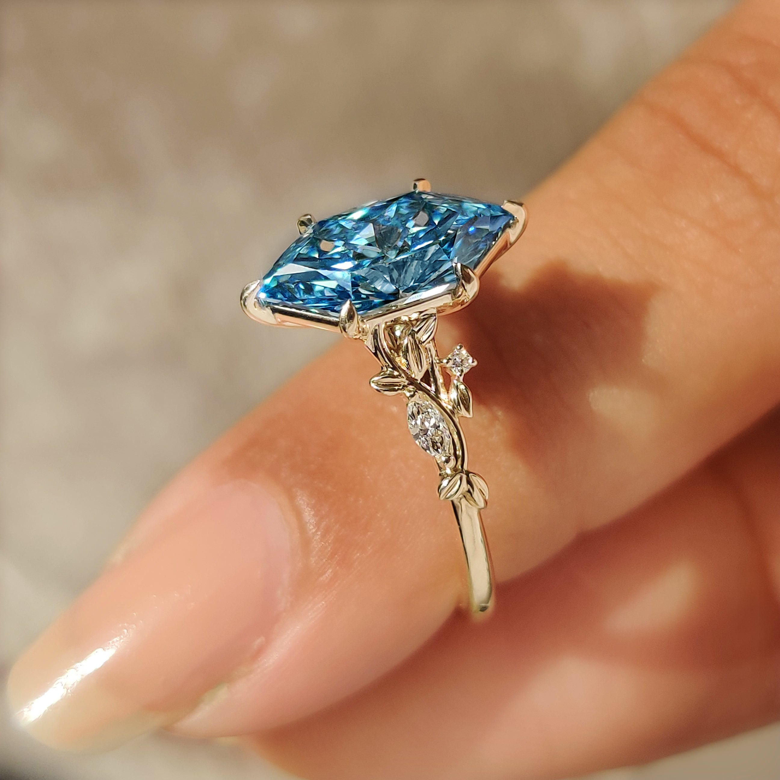 Blue Dutch Marquise Nature Inspired Engagement Ring With Side Stone