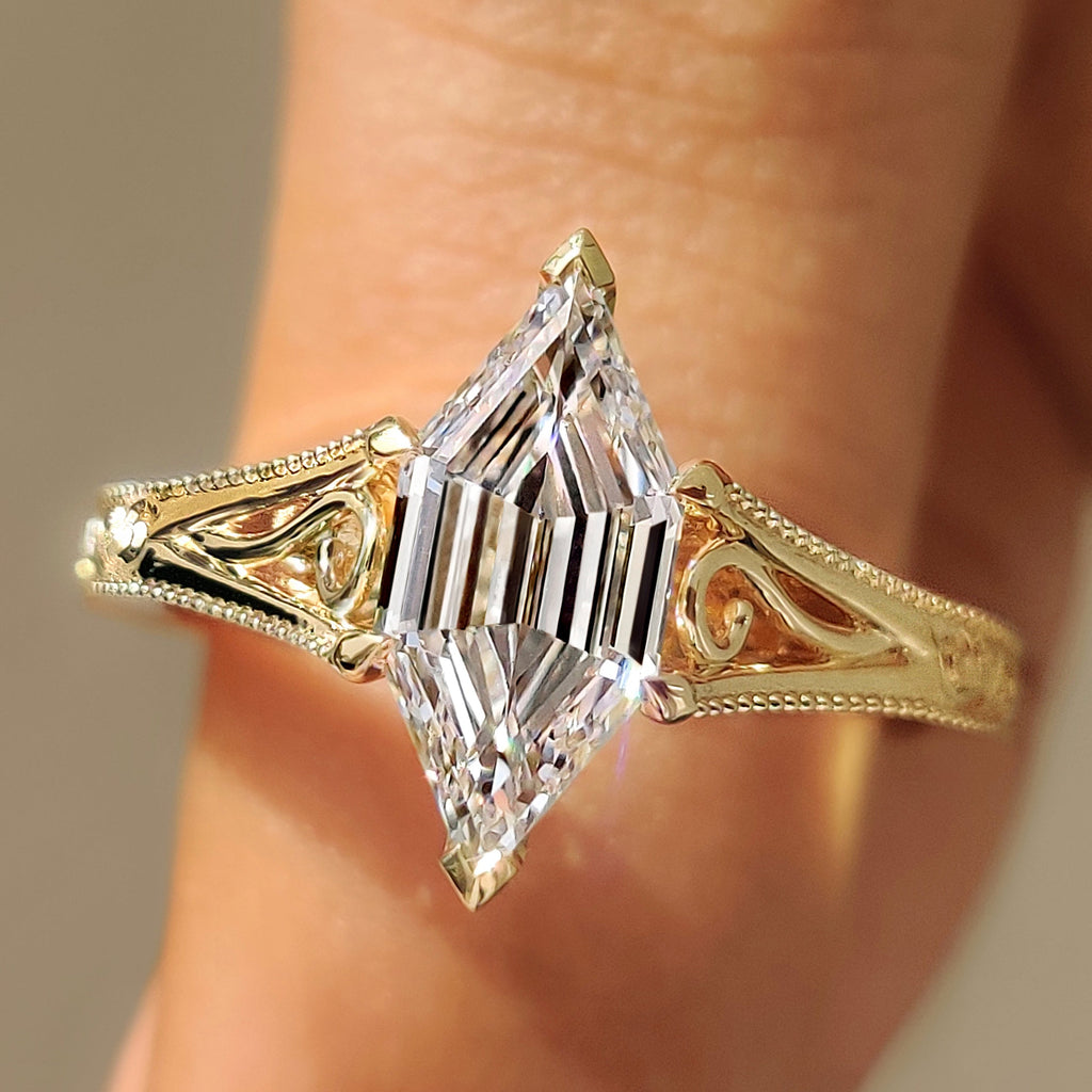 Hexagon Step Solitaire Diamond Ring In Milgrain Details