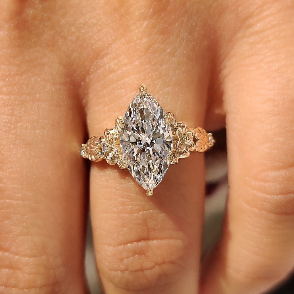 Flower Design Marquise Cut Diamond Ring In Vintage Style