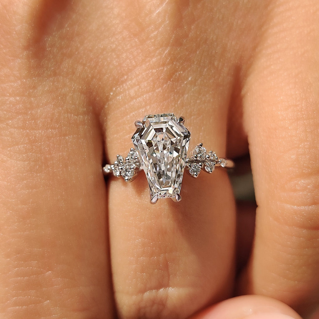 Coffin Cut Engagement Ring with Round Side Stone