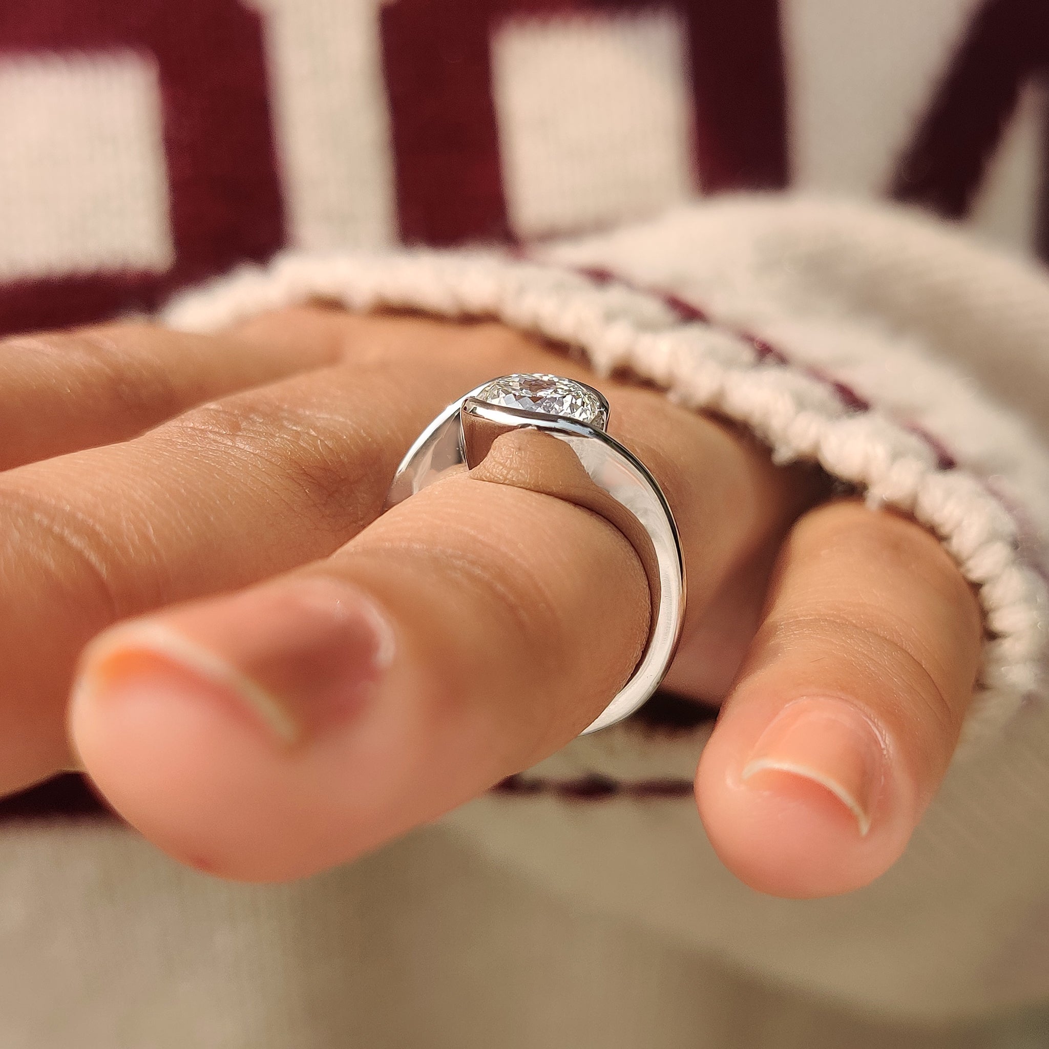 Solitaire Portuguese Cut Diamond Ring in Half Bezel