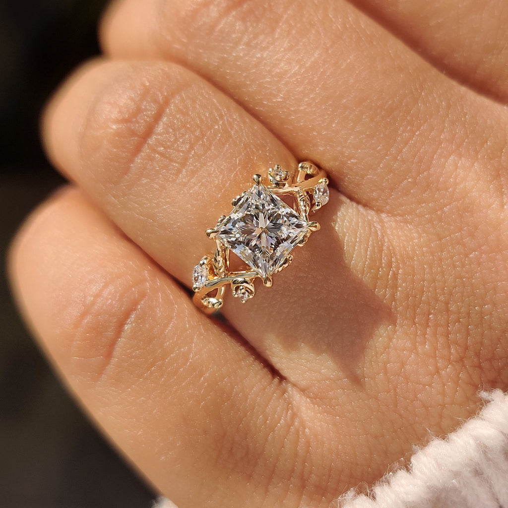 Nature Inspired Princess Cut Ring in Leaf Details