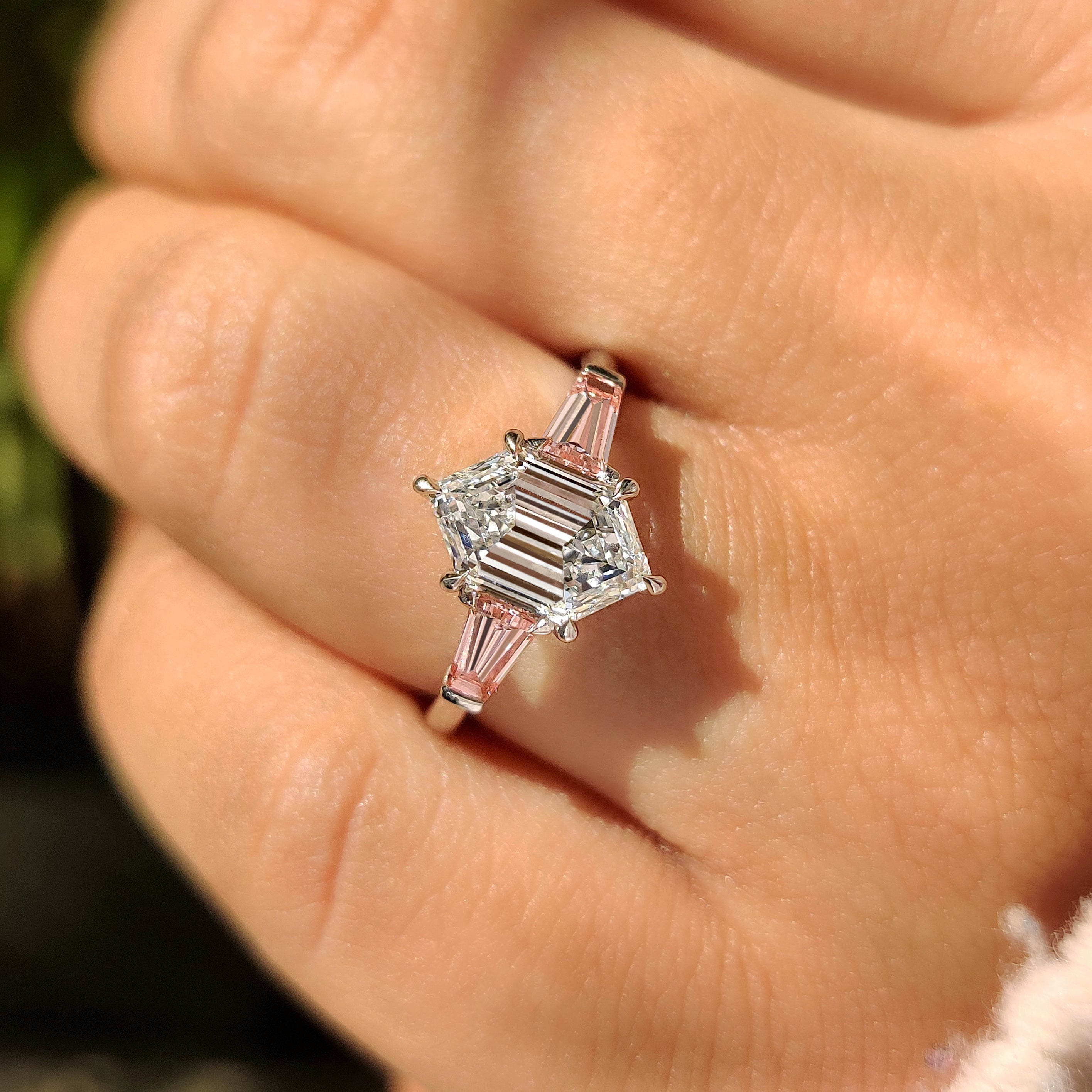 Hexagon Cut Three Stone Engagement Ring with Pink Side Stone