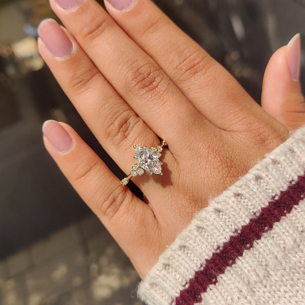 Vintage Style Marquise Lab Grown Diamond Ring with Milgrain Details