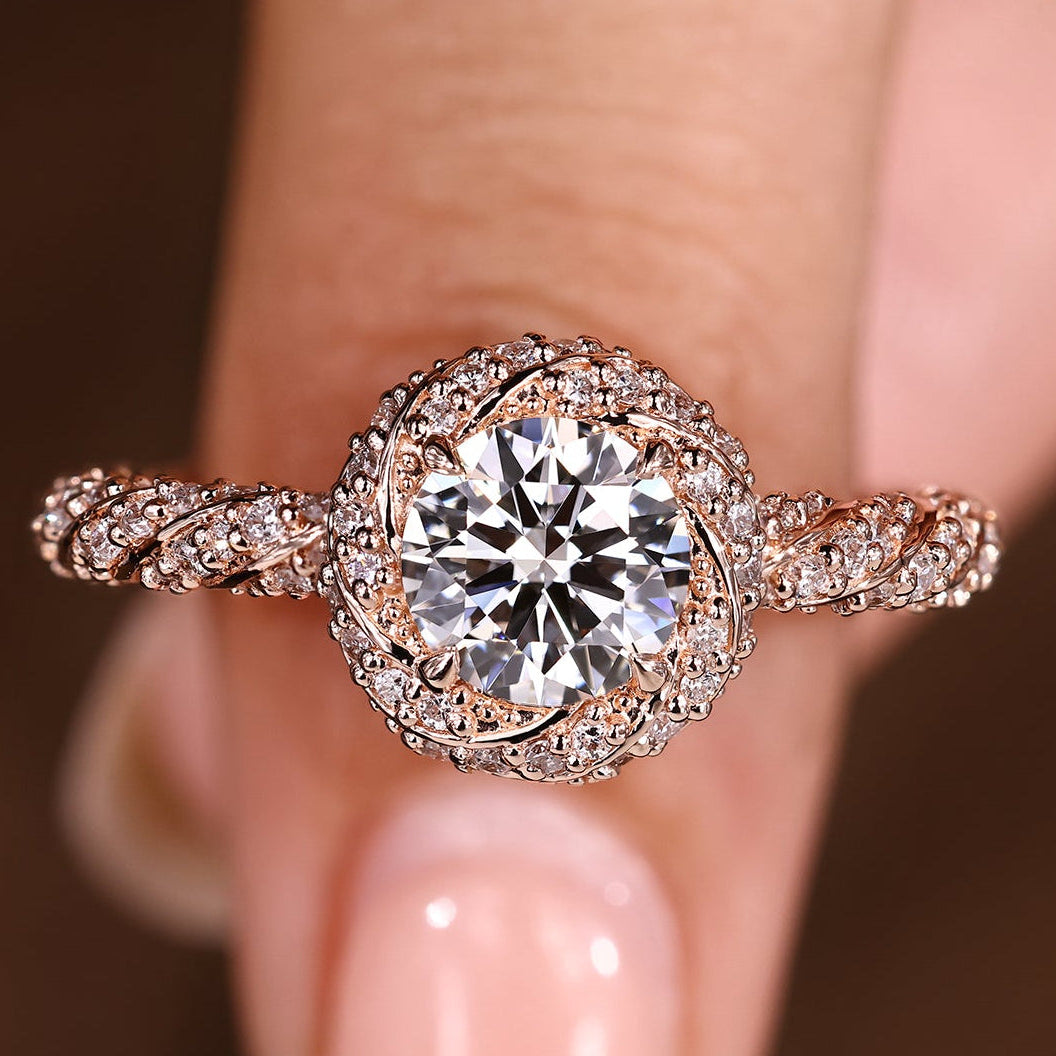 Round Cut Diamond Ring in Halo Style with Twisted Design Main image
