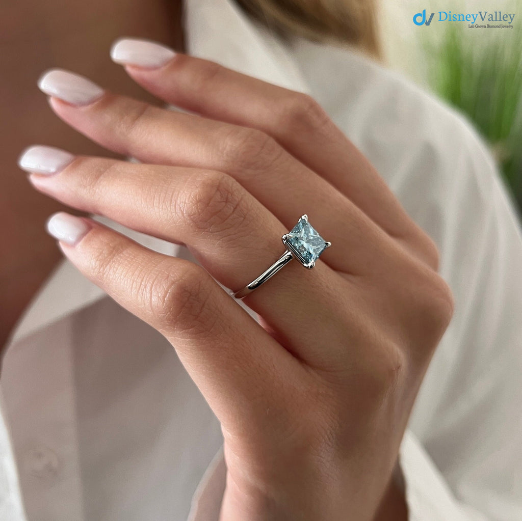 2 Carat Princess Cut Fancy Vivid Blue Lab Grown Diamond Engagement Ring - DisneyValley 