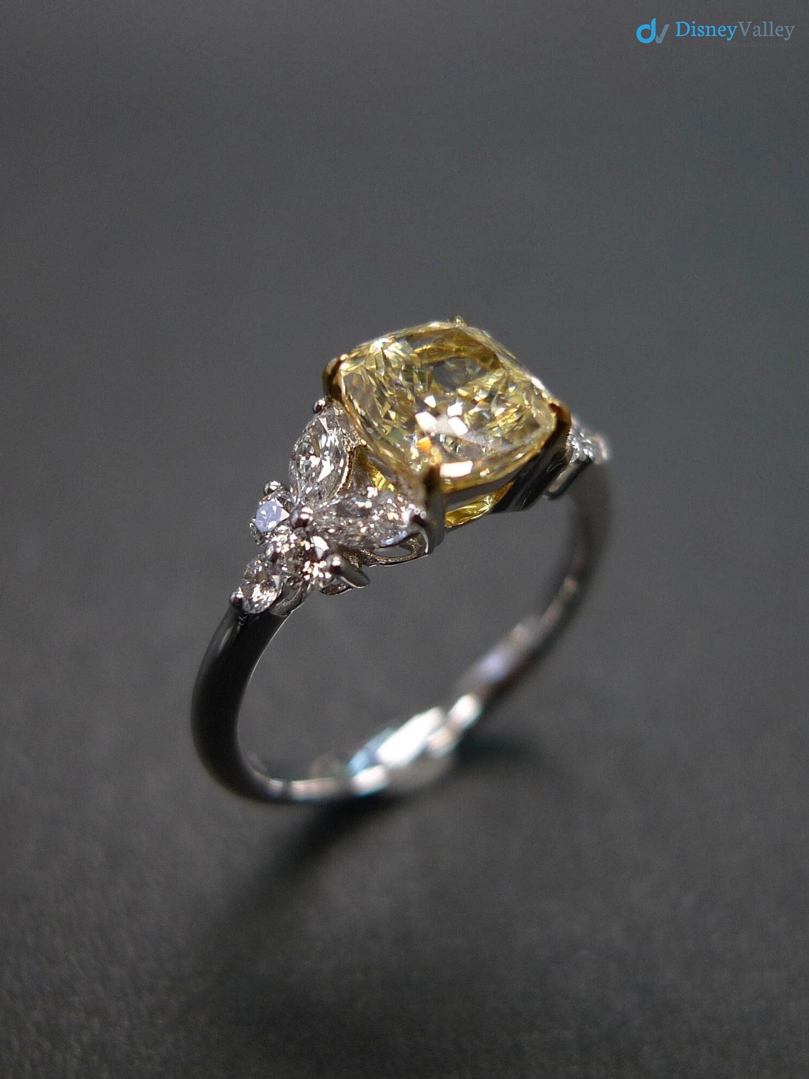 Cushion Yellow Diamond Unique Engagement Ring with Marquise Cut Diamond - DisneyValley 