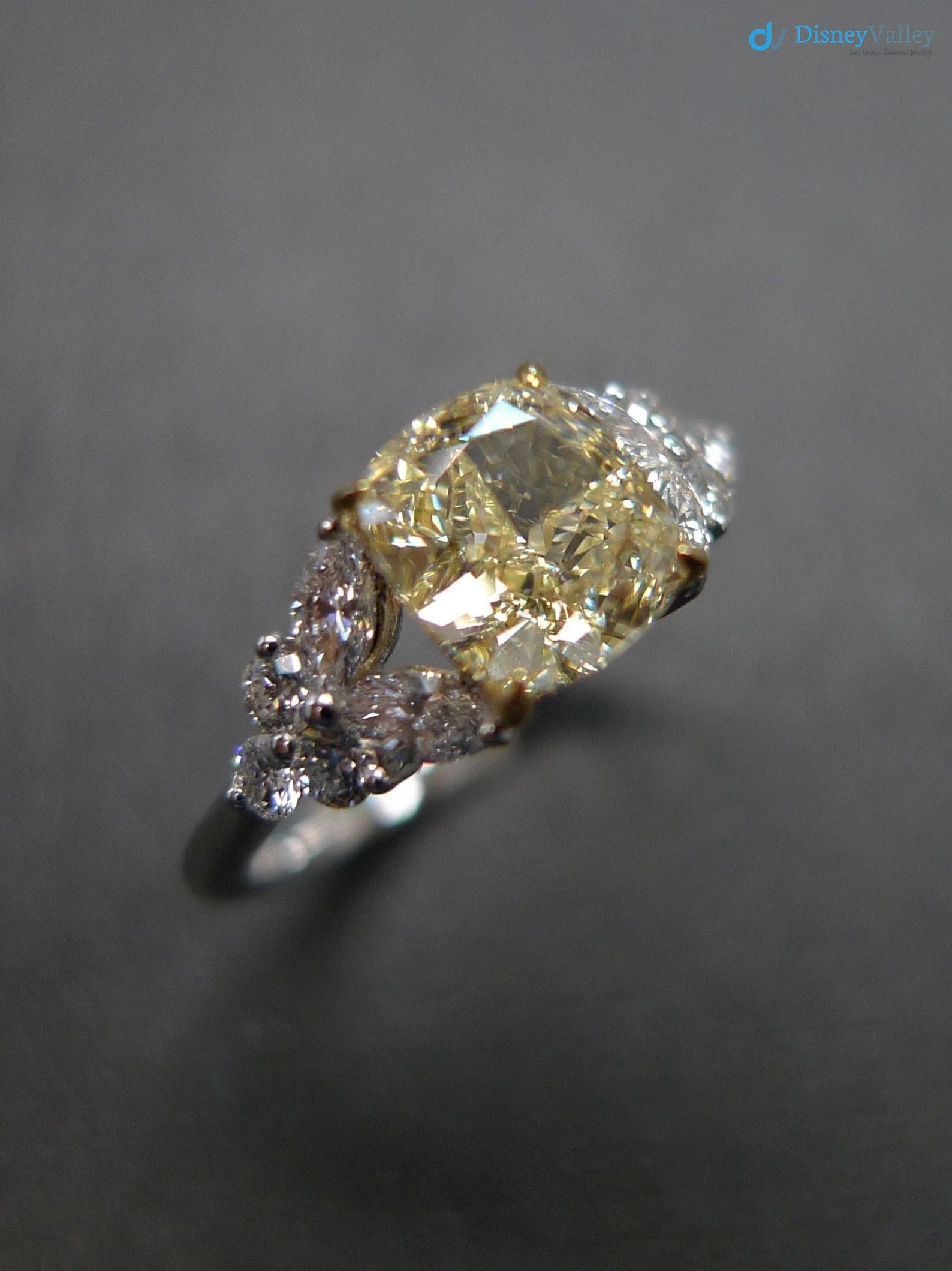 Cushion Yellow Diamond Unique Engagement Ring with Marquise Cut Diamond - DisneyValley 