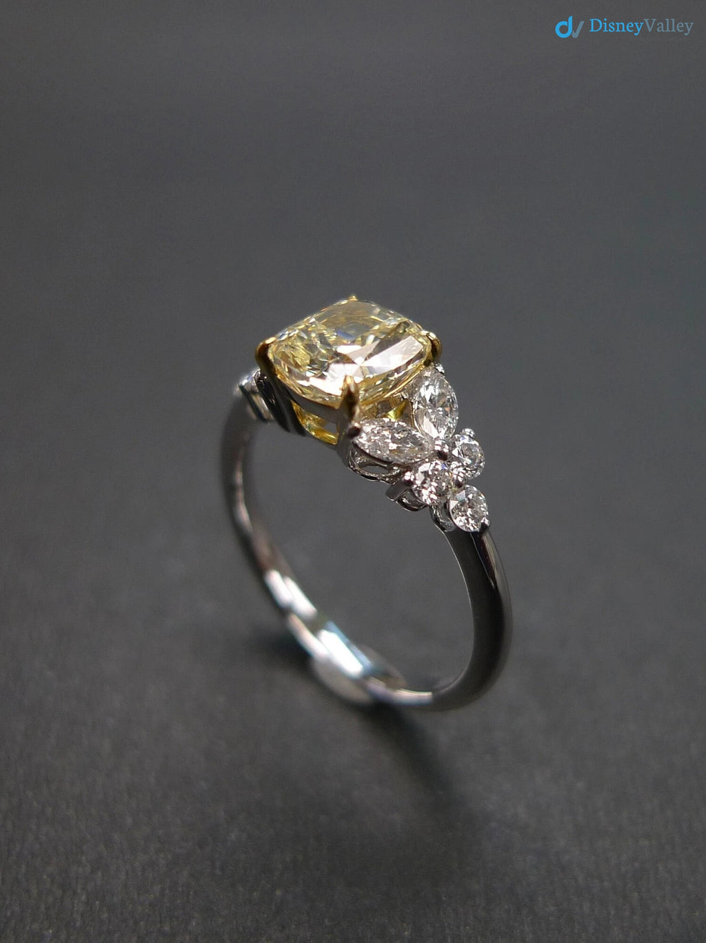Cushion Yellow Diamond Unique Engagement Ring with Marquise Cut Diamond - DisneyValley 