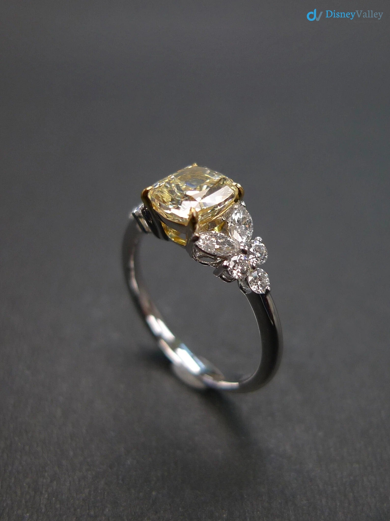 Cushion Yellow Diamond Unique Engagement Ring with Marquise Cut Diamond - DisneyValley 