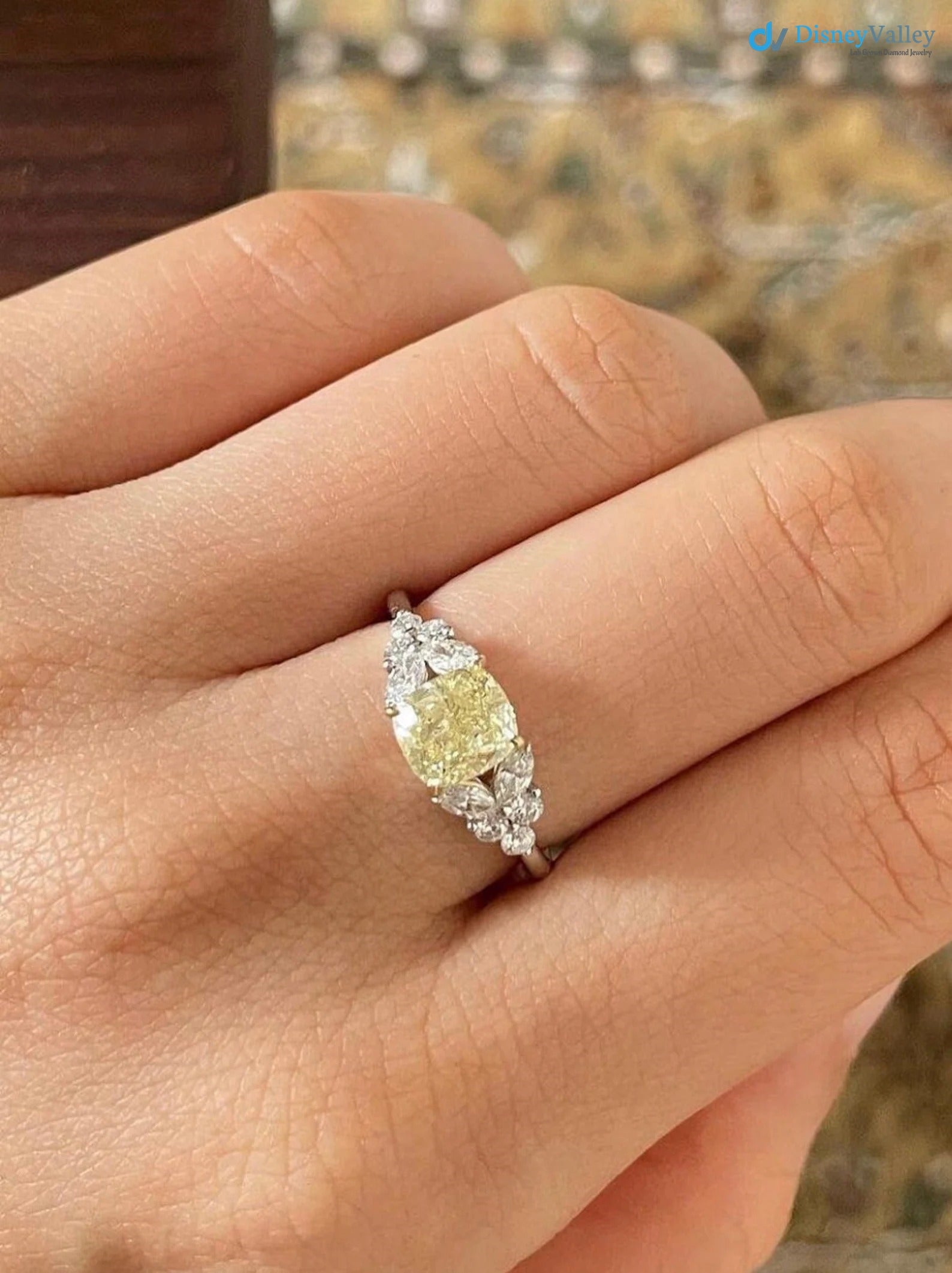 Cushion Yellow Diamond Unique Engagement Ring with Marquise Cut Diamond - DisneyValley 