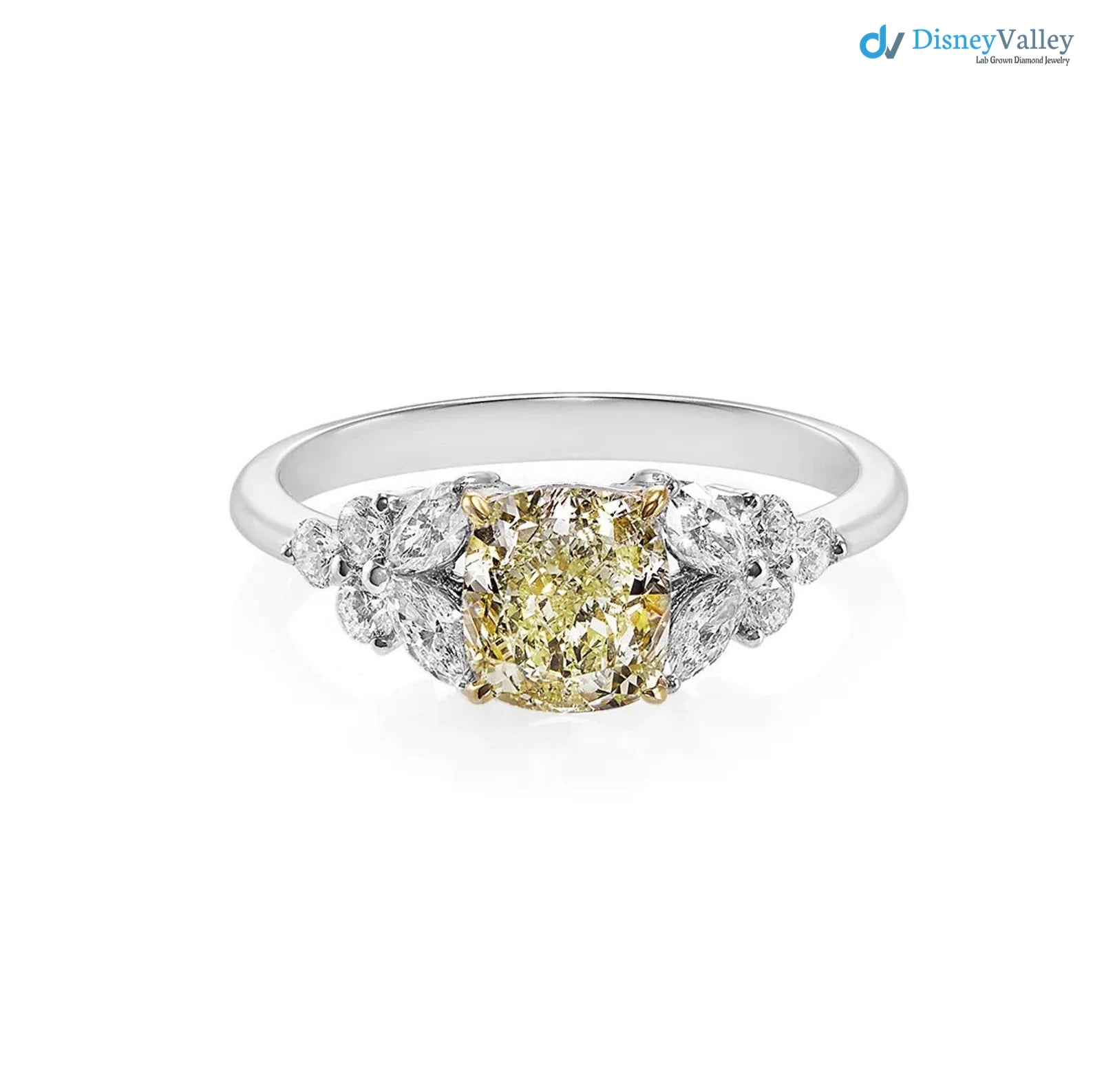 Cushion Yellow Diamond Unique Engagement Ring with Marquise Cut Diamond - DisneyValley 
