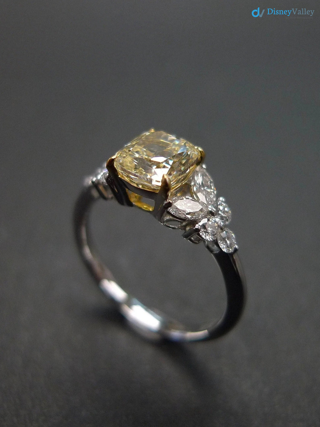 Cushion Yellow Diamond Unique Engagement Ring with Marquise Cut Diamond - DisneyValley 
