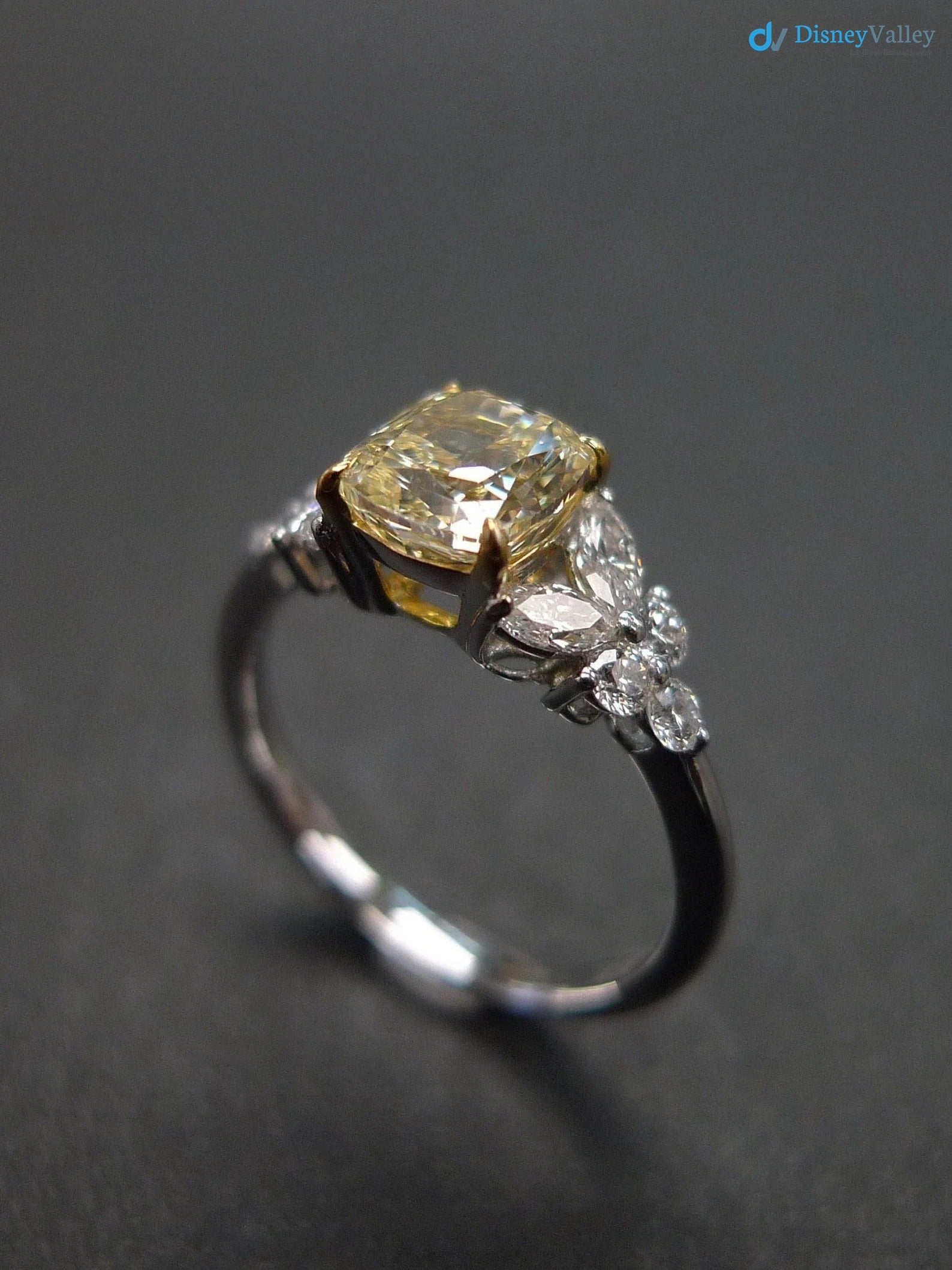 Cushion Yellow Diamond Unique Engagement Ring with Marquise Cut Diamond - DisneyValley 