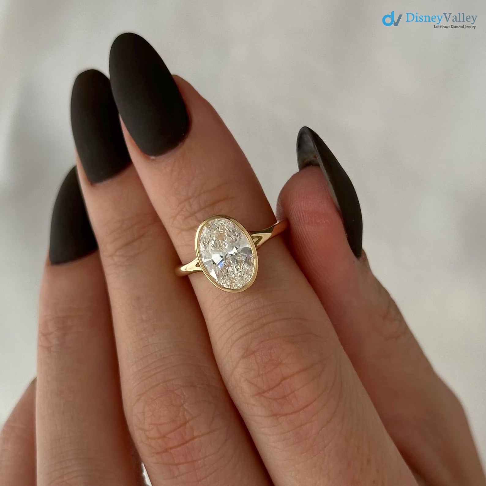 2 Carat Oval Lab Grown Diamond Solitaire Ring Bezel Set Diamond Engagement Ring - DisneyValley  Main image