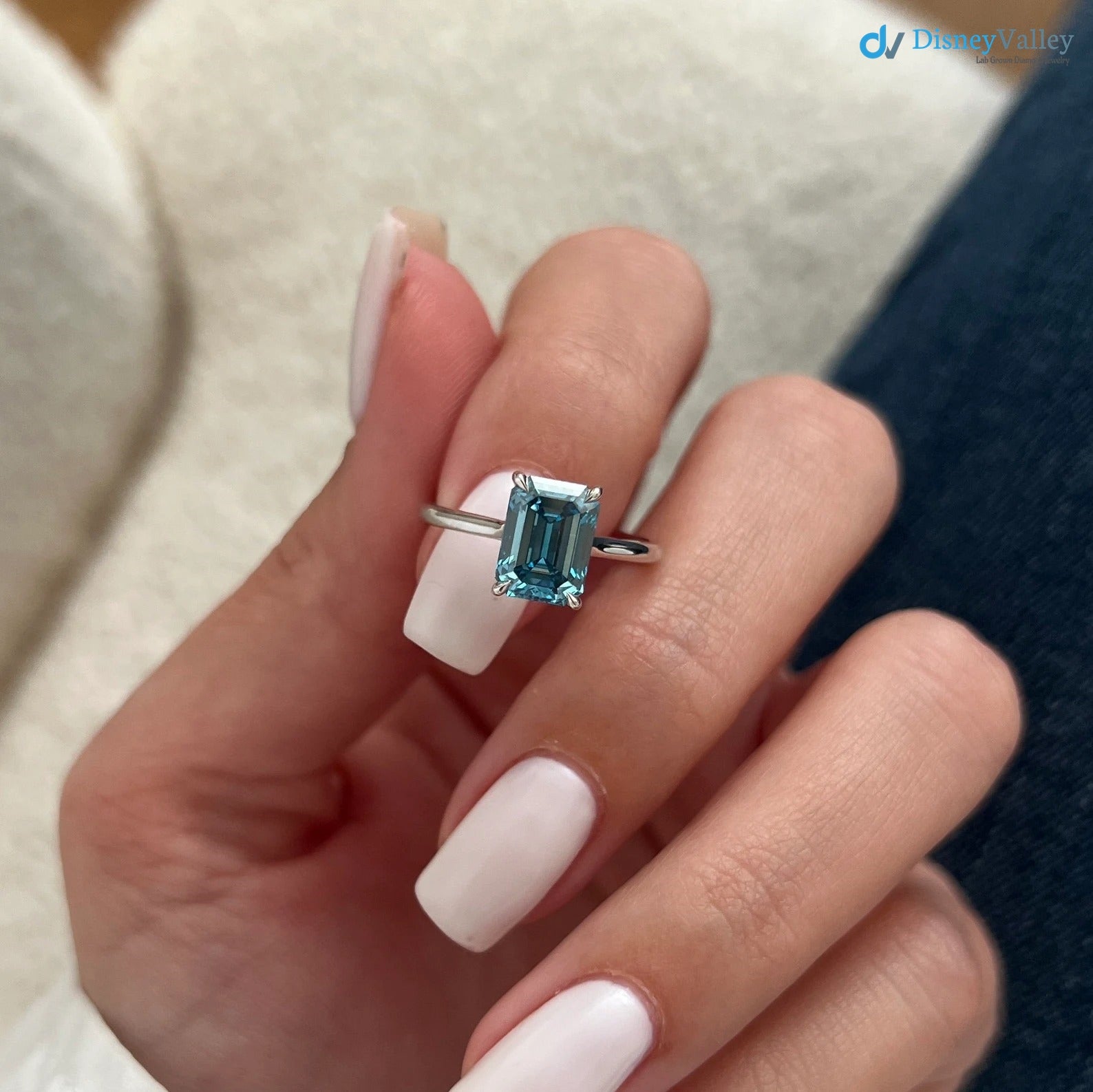 2 Carat Emerald Cut Fancy Vivid Blue Lab Grown Diamond Engagement Ring - DisneyValley 