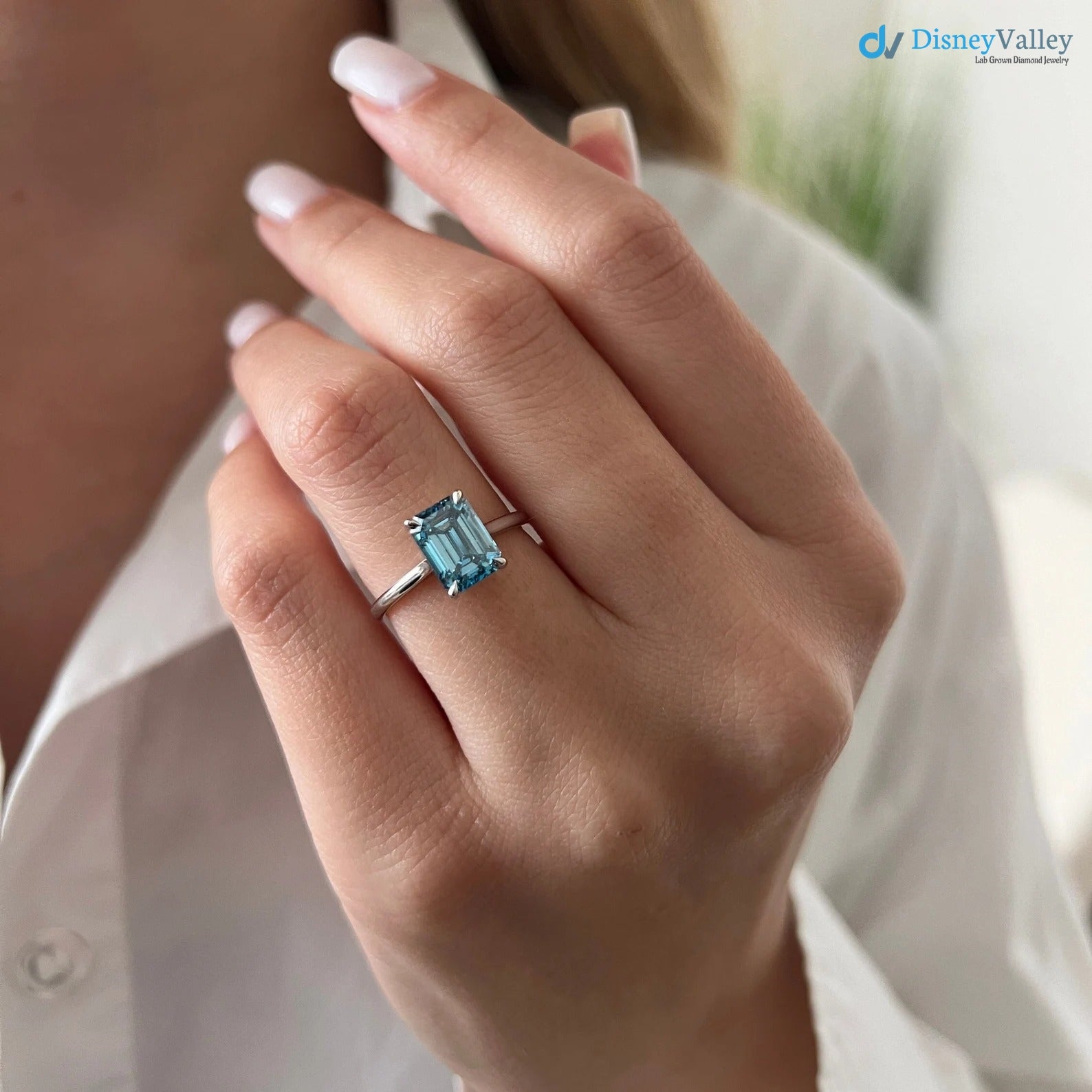 2 Carat Emerald Cut Fancy Vivid Blue Lab Grown Diamond Engagement Ring - DisneyValley 