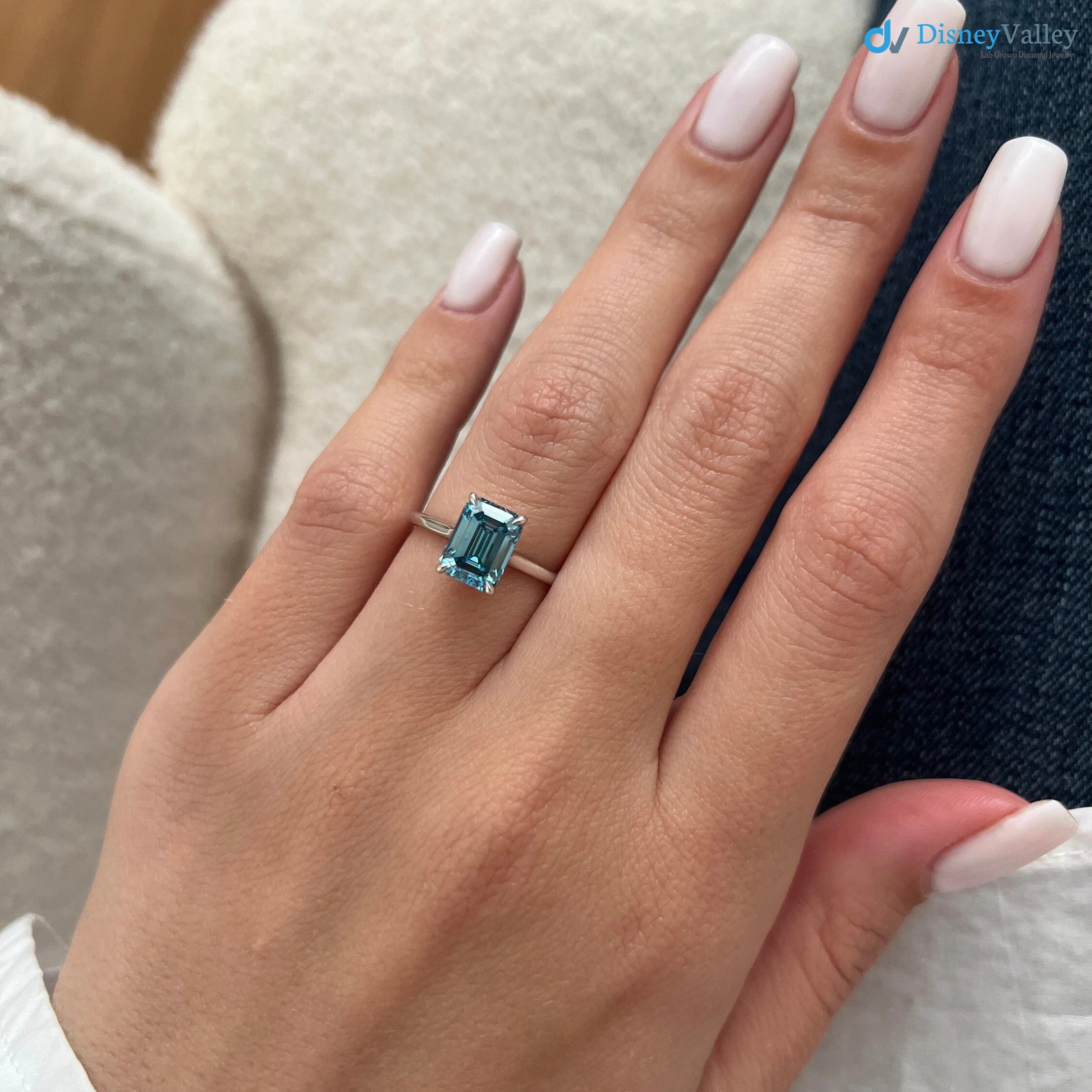 2 Carat Emerald Cut Fancy Vivid Blue Lab Grown Diamond Engagement Ring - DisneyValley 