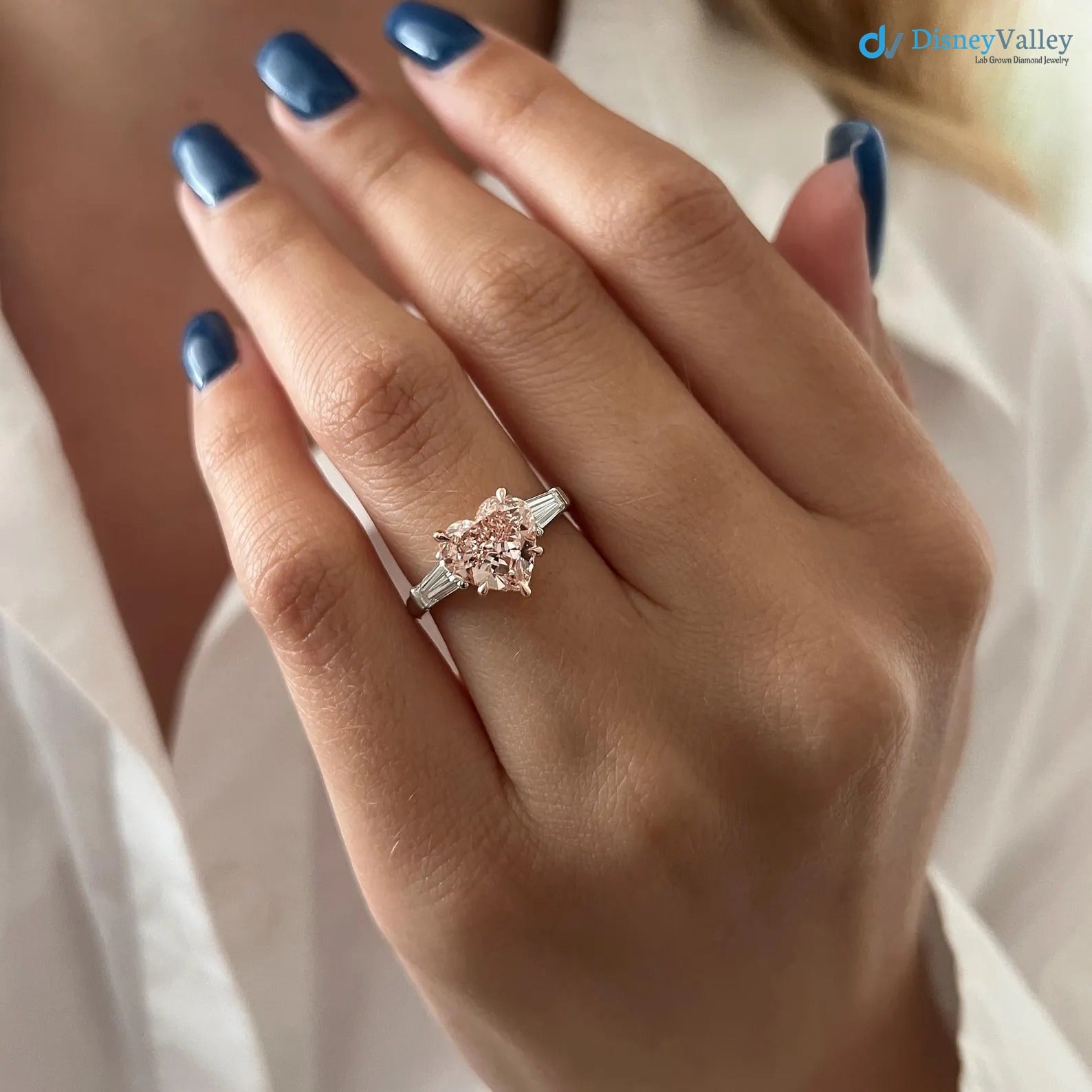 2.5 Carat Heart Shape Fancy Intense Pink Lab Grown Diamond Three Stone Ring - DisneyValley 