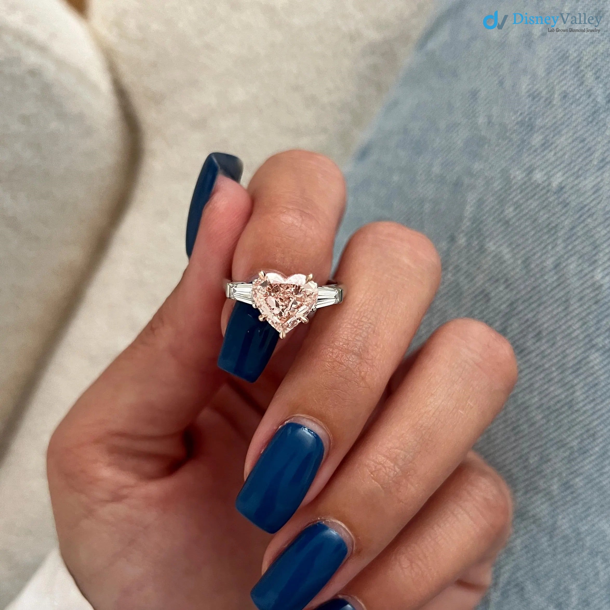 2.5 Carat Heart Shape Fancy Intense Pink Lab Grown Diamond Three Stone Ring - DisneyValley 