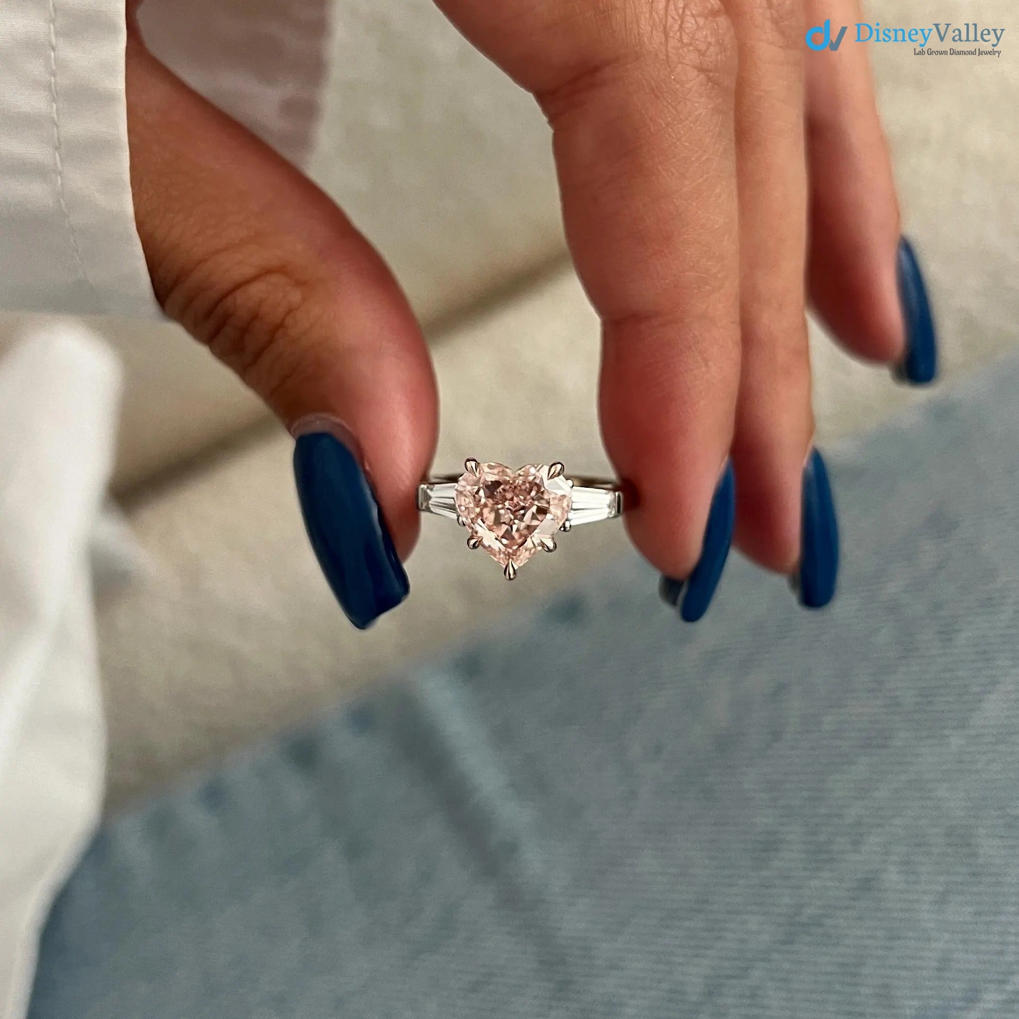 2.5 Carat Heart Shape Fancy Intense Pink Lab Grown Diamond Three Stone Ring - DisneyValley 