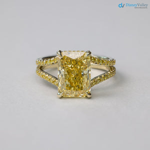 Bespoke Radiant Yellow Diamond French Fishtail & Hidden Halo Engagement Ring - DisneyValley 
