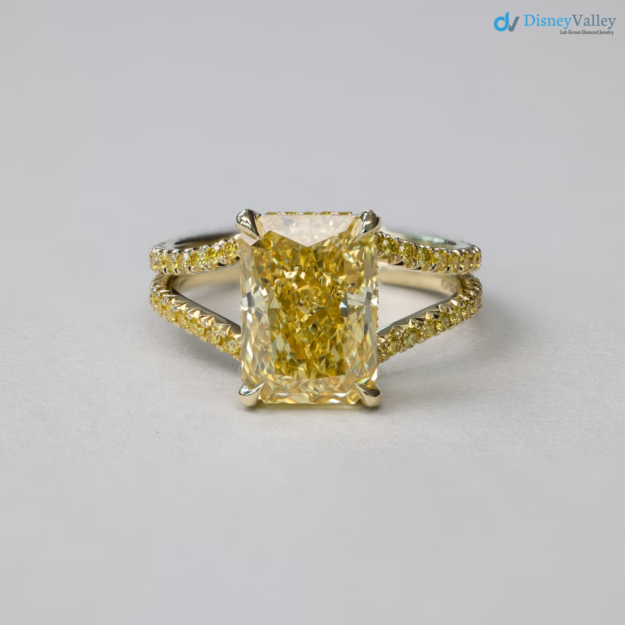 Bespoke Radiant Yellow Diamond French Fishtail & Hidden Halo Engagement Ring - DisneyValley 