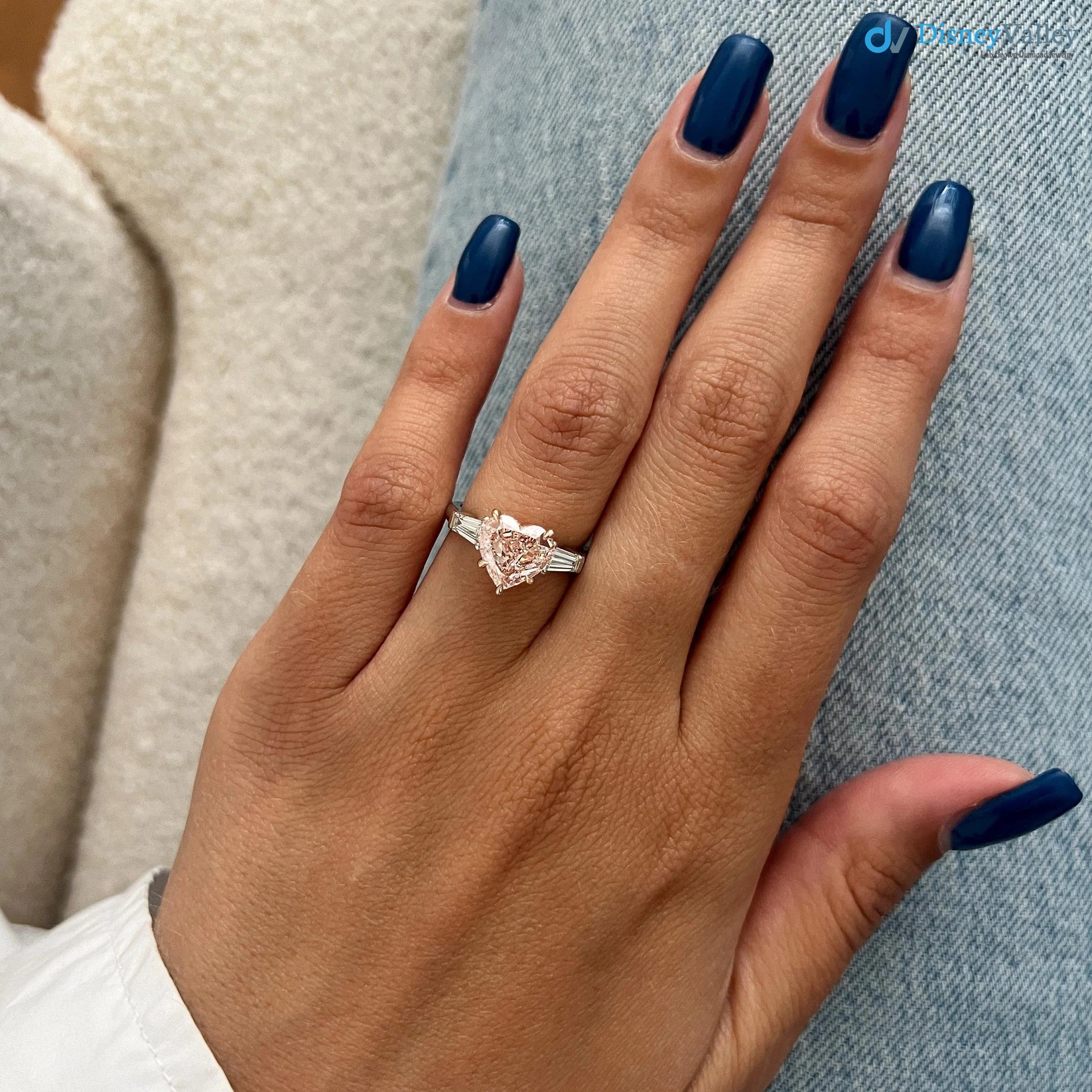 2.5 Carat Heart Shape Fancy Intense Pink Lab Grown Diamond Three Stone Ring - DisneyValley 