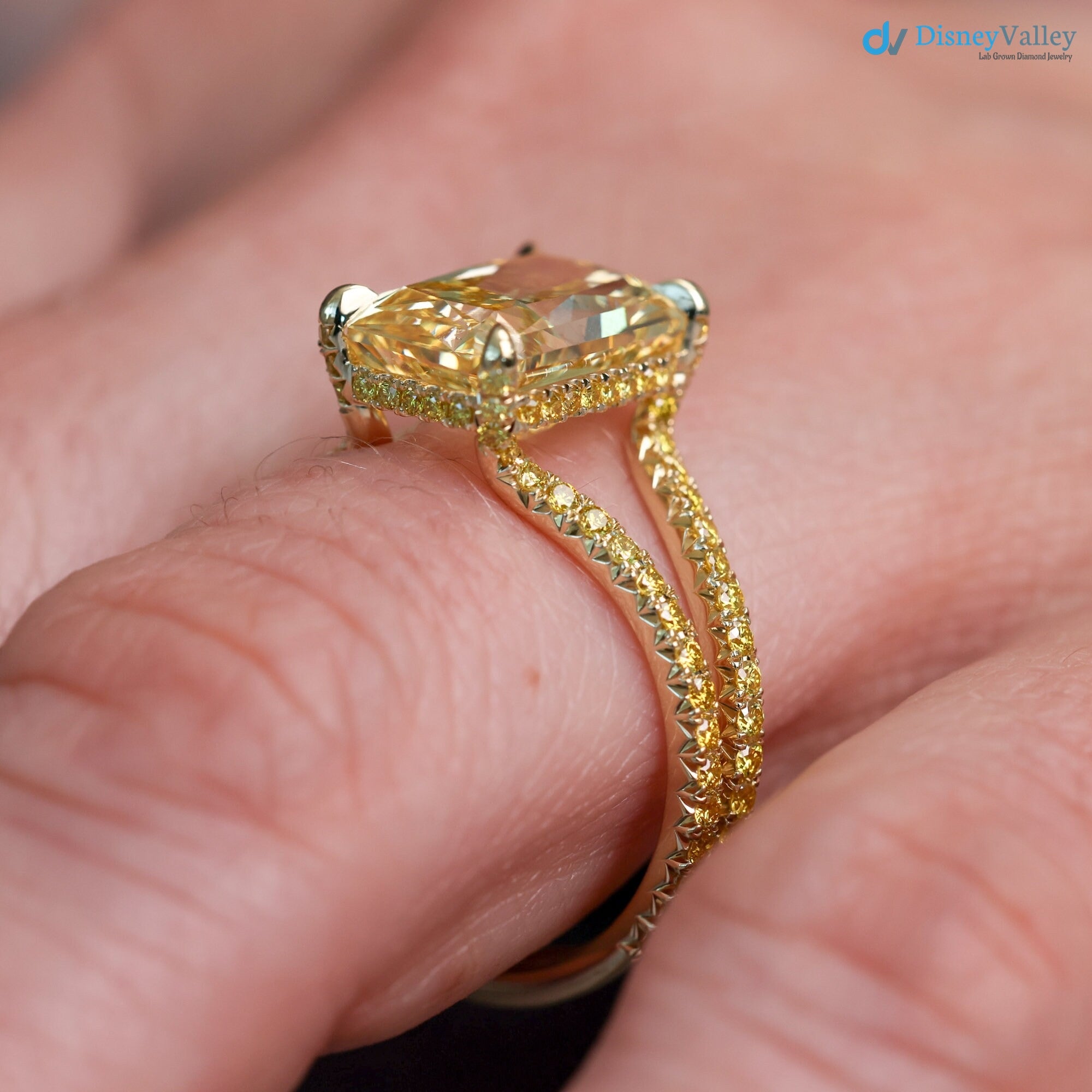 Bespoke Radiant Yellow Diamond French Fishtail & Hidden Halo Engagement Ring - DisneyValley 