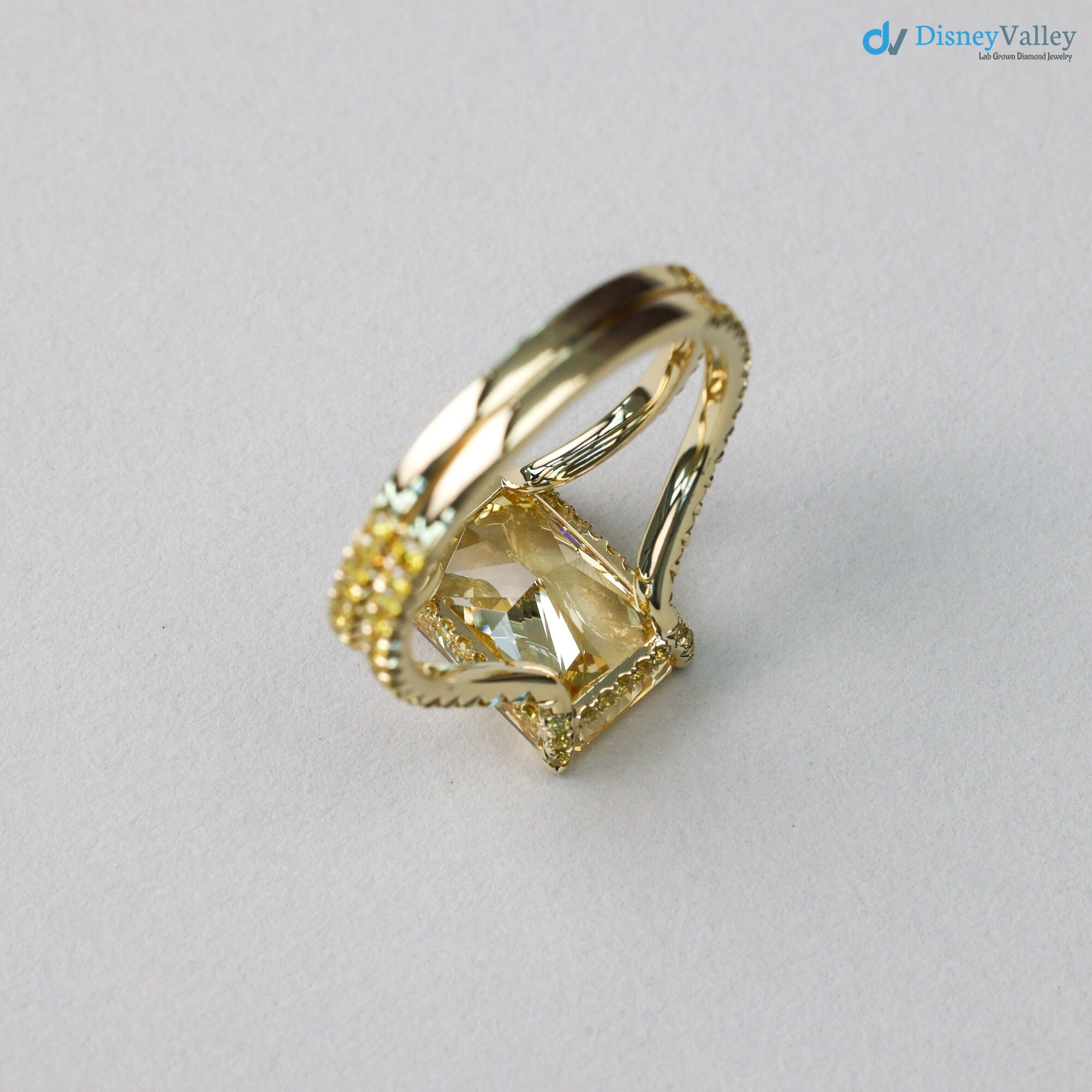 Bespoke Radiant Yellow Diamond French Fishtail & Hidden Halo Engagement Ring - DisneyValley 