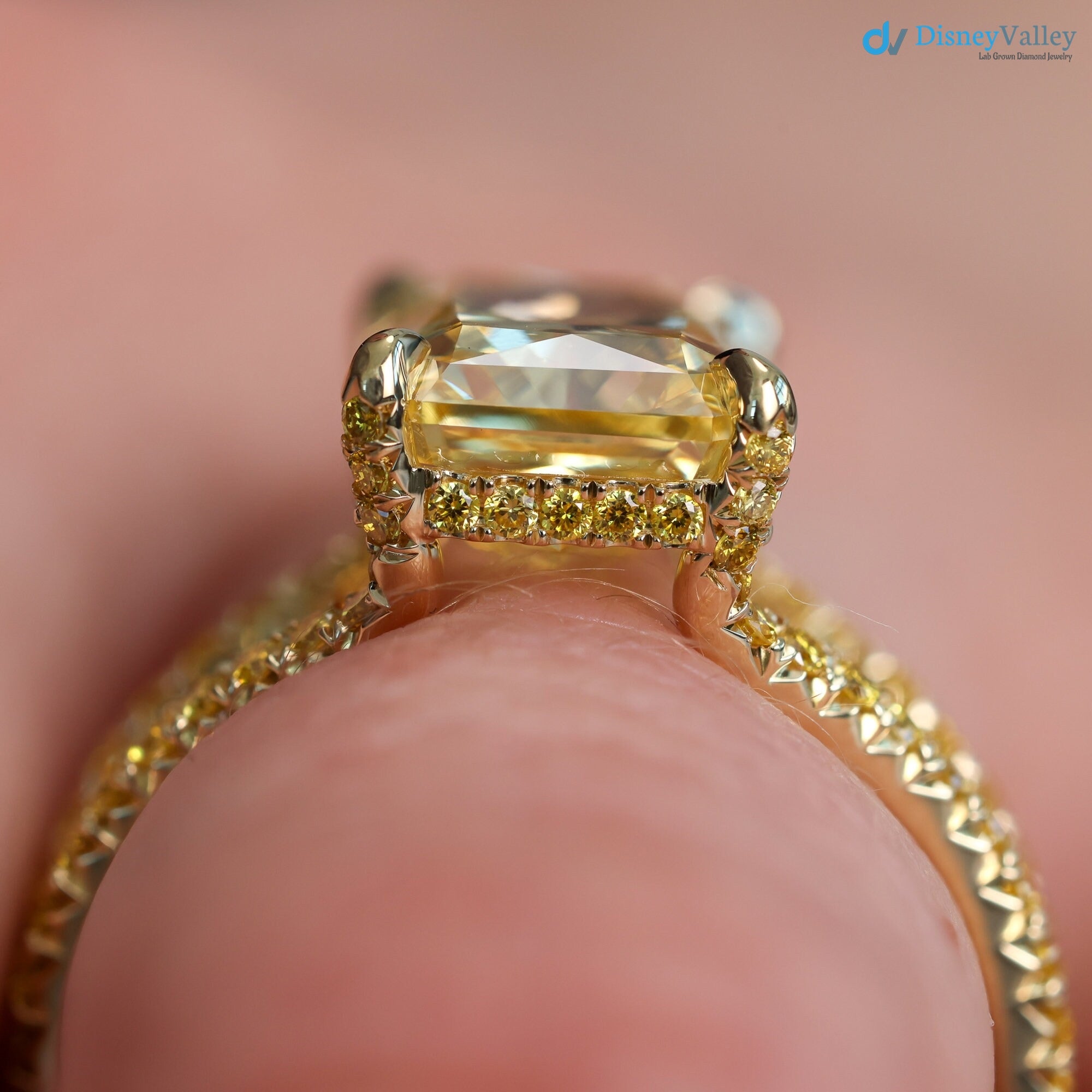 Bespoke Radiant Yellow Diamond French Fishtail & Hidden Halo Engagement Ring - DisneyValley 