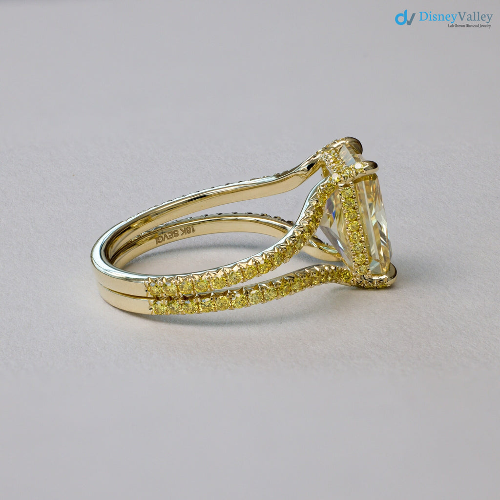 Bespoke Radiant Yellow Diamond French Fishtail & Hidden Halo Engagement Ring - DisneyValley 