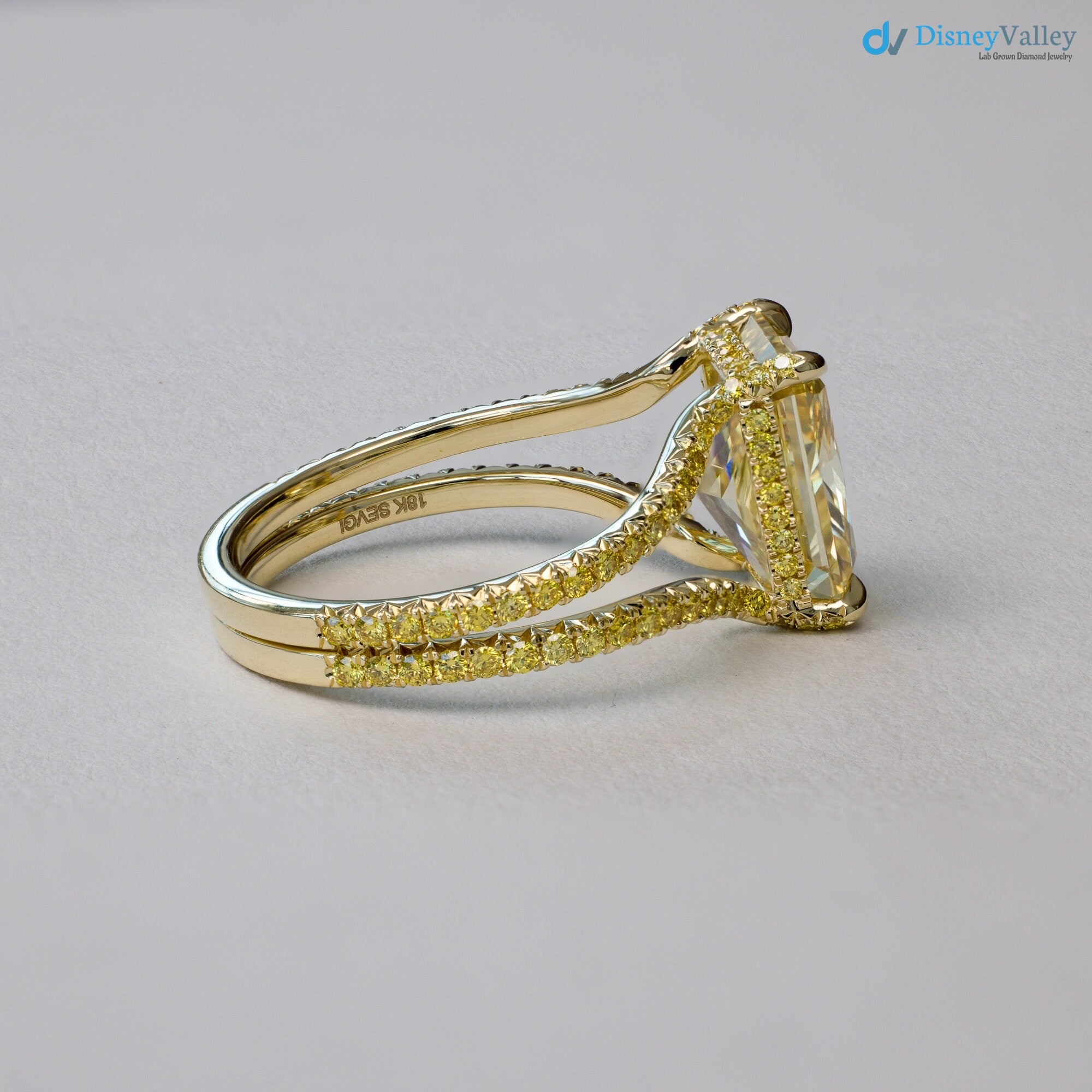 Bespoke Radiant Yellow Diamond French Fishtail & Hidden Halo Engagement Ring - DisneyValley 