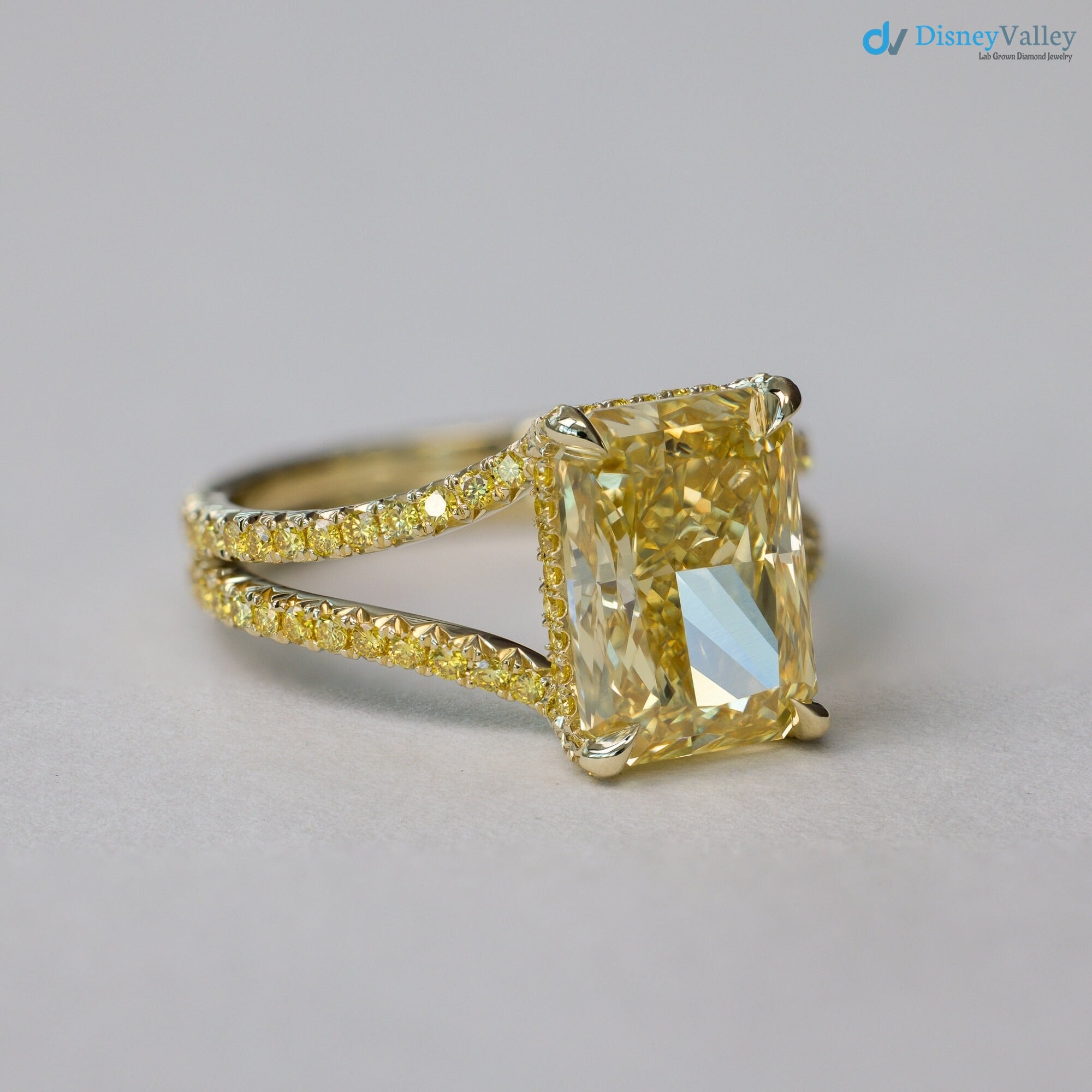 Bespoke Radiant Yellow Diamond French Fishtail & Hidden Halo Engagement Ring - DisneyValley 