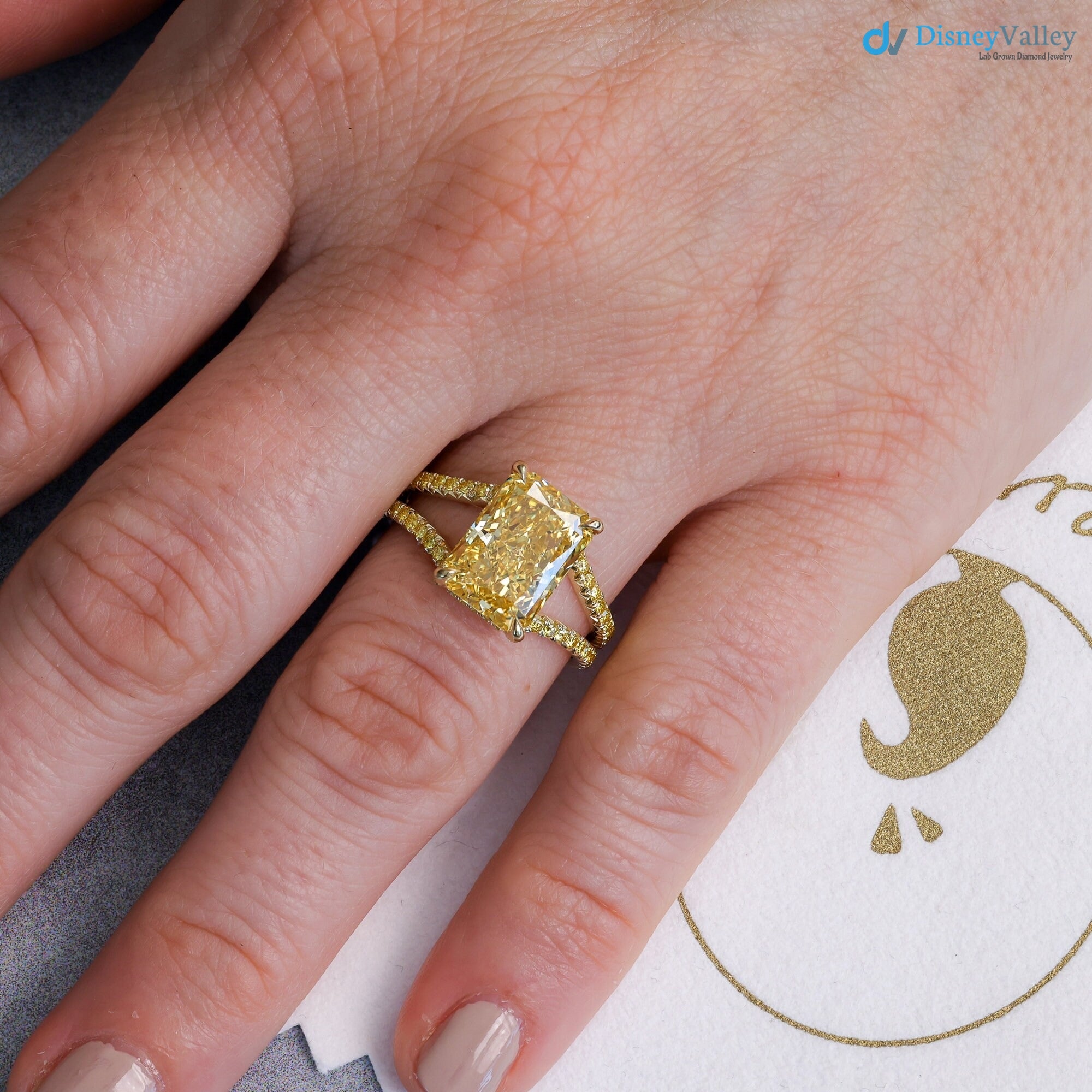Bespoke Radiant Yellow Diamond French Fishtail & Hidden Halo Engagement Ring - DisneyValley 