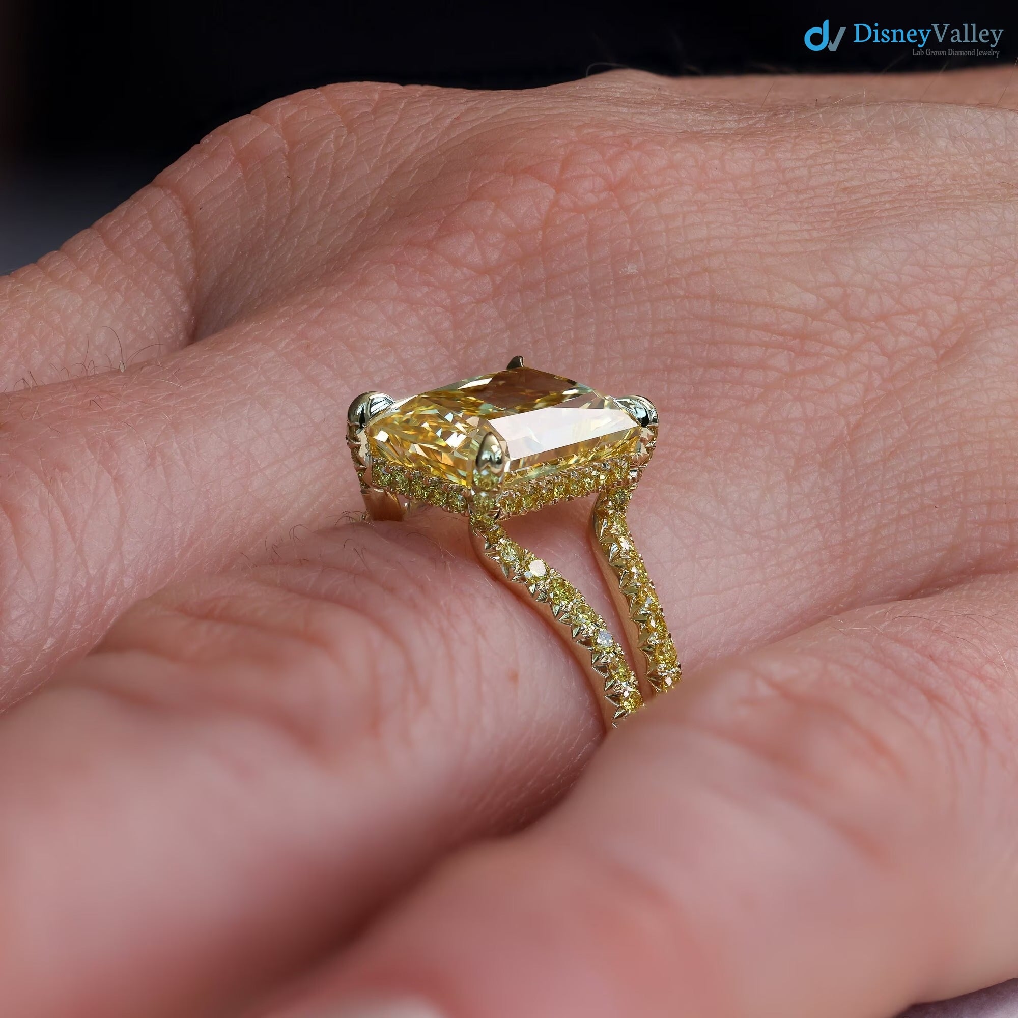Bespoke Radiant Yellow Diamond French Fishtail & Hidden Halo Engagement Ring - DisneyValley 