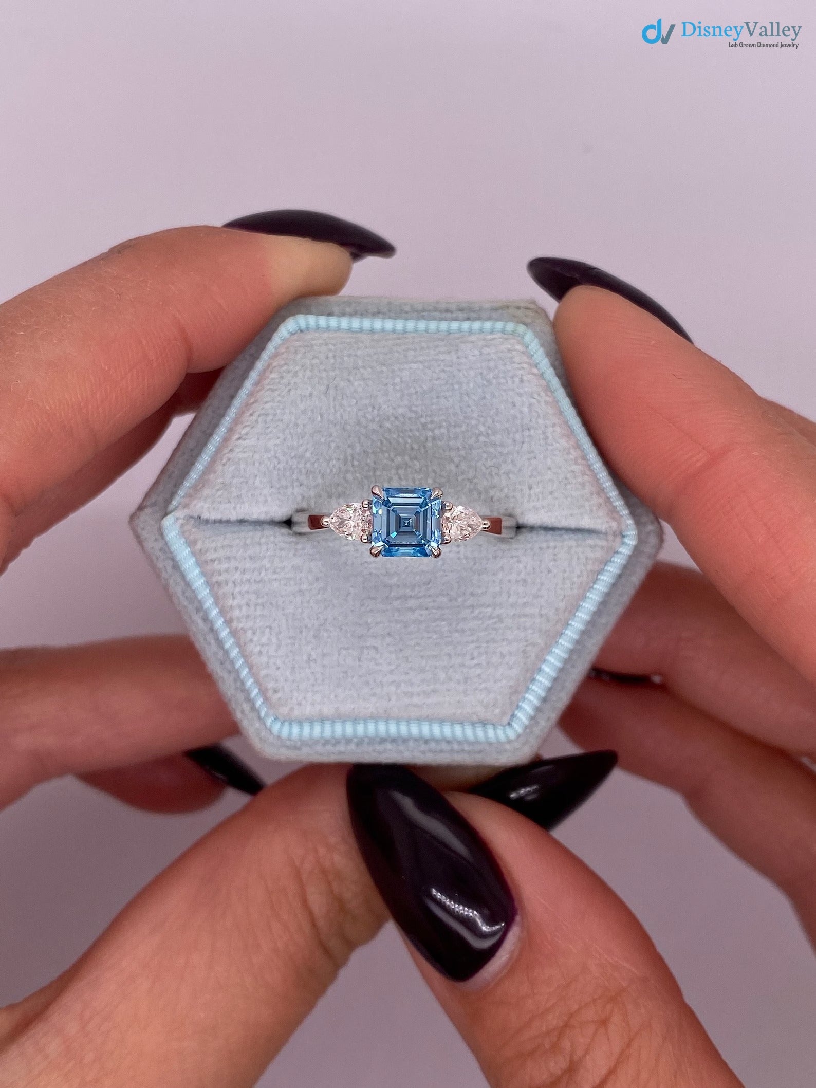 1.3 Carat Fancy Vivid Blue Color IGI Certified Asscher Cut Lab Diamond Three Stone Engagement Ring - DisneyValley  Main image