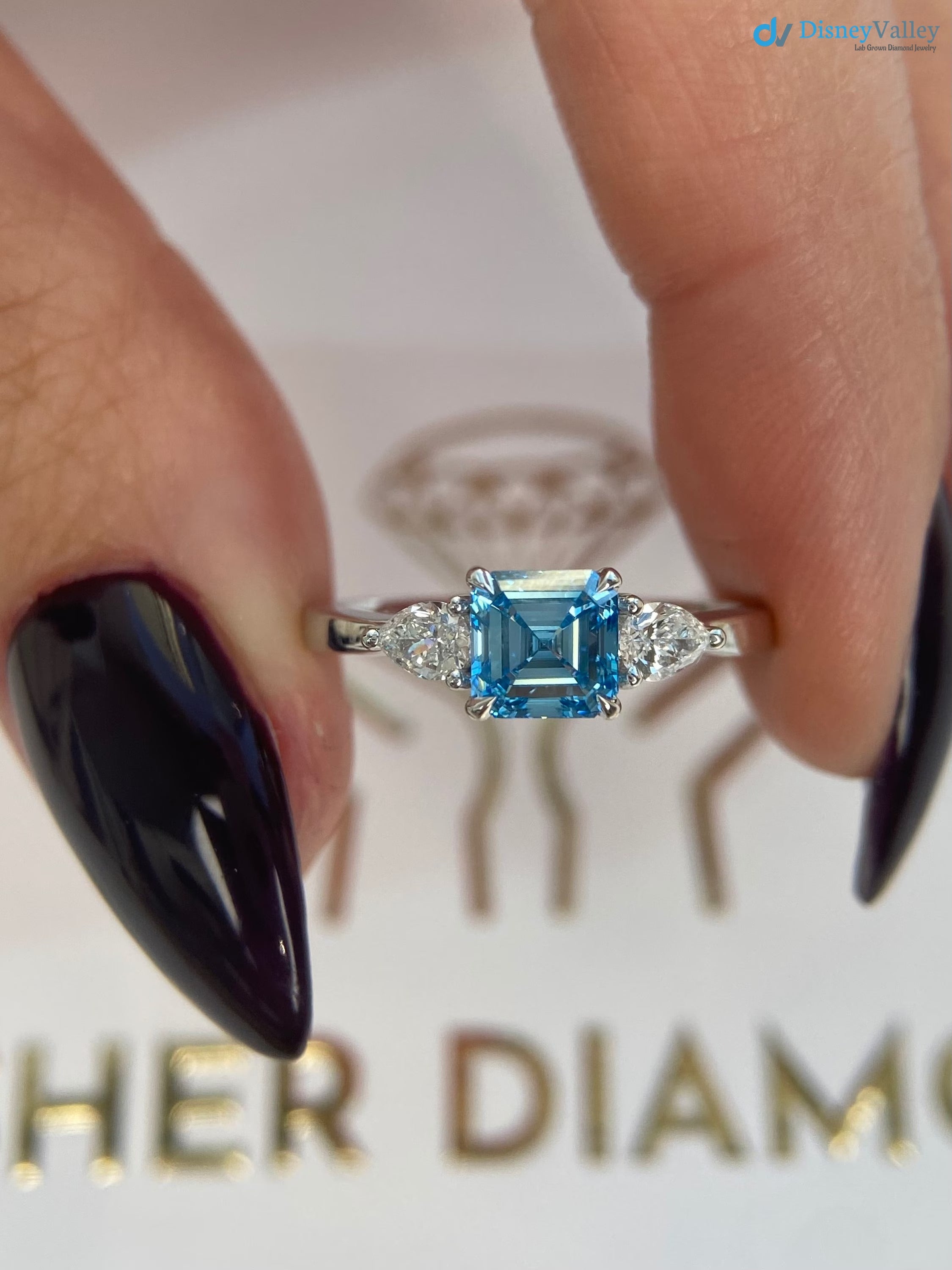 1.3 Carat Fancy Vivid Blue Color IGI Certified Asscher Cut Lab Diamond Three Stone Engagement Ring - DisneyValley 