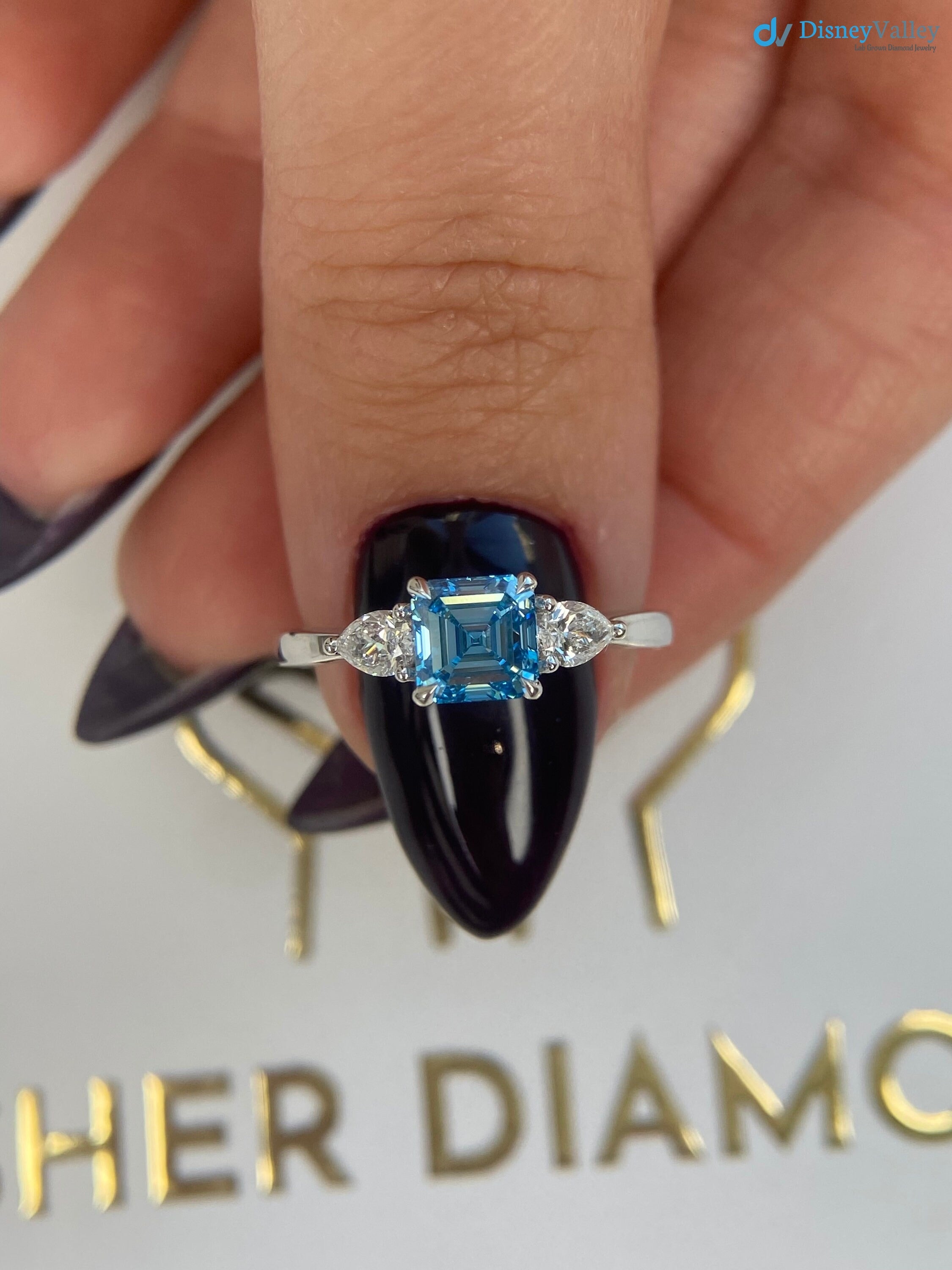 1.3 Carat Fancy Vivid Blue Color IGI Certified Asscher Cut Lab Diamond Three Stone Engagement Ring - DisneyValley 