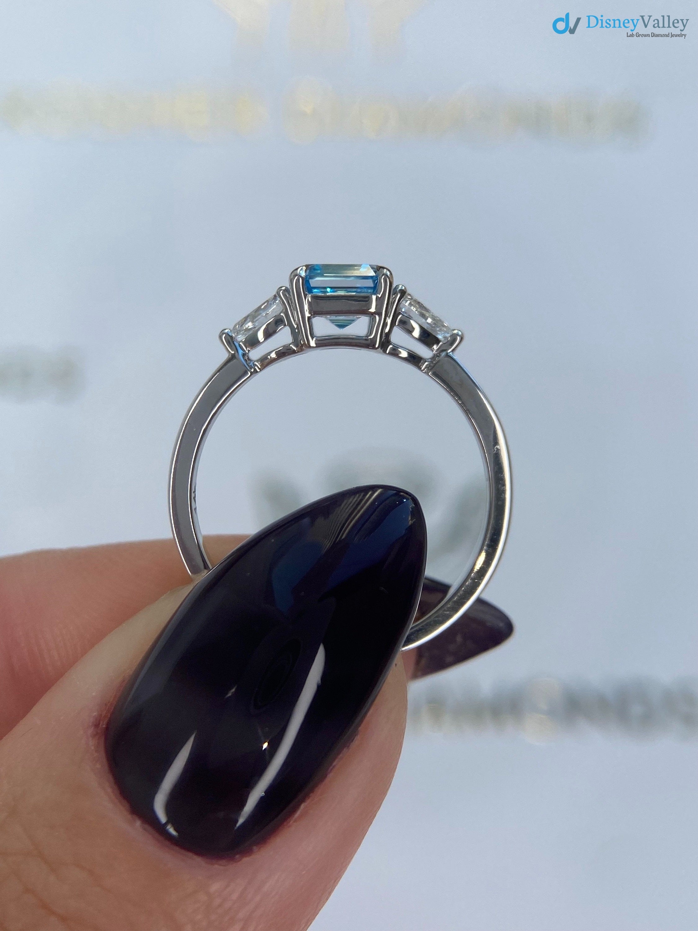 1.3 Carat Fancy Vivid Blue Color IGI Certified Asscher Cut Lab Diamond Three Stone Engagement Ring - DisneyValley 