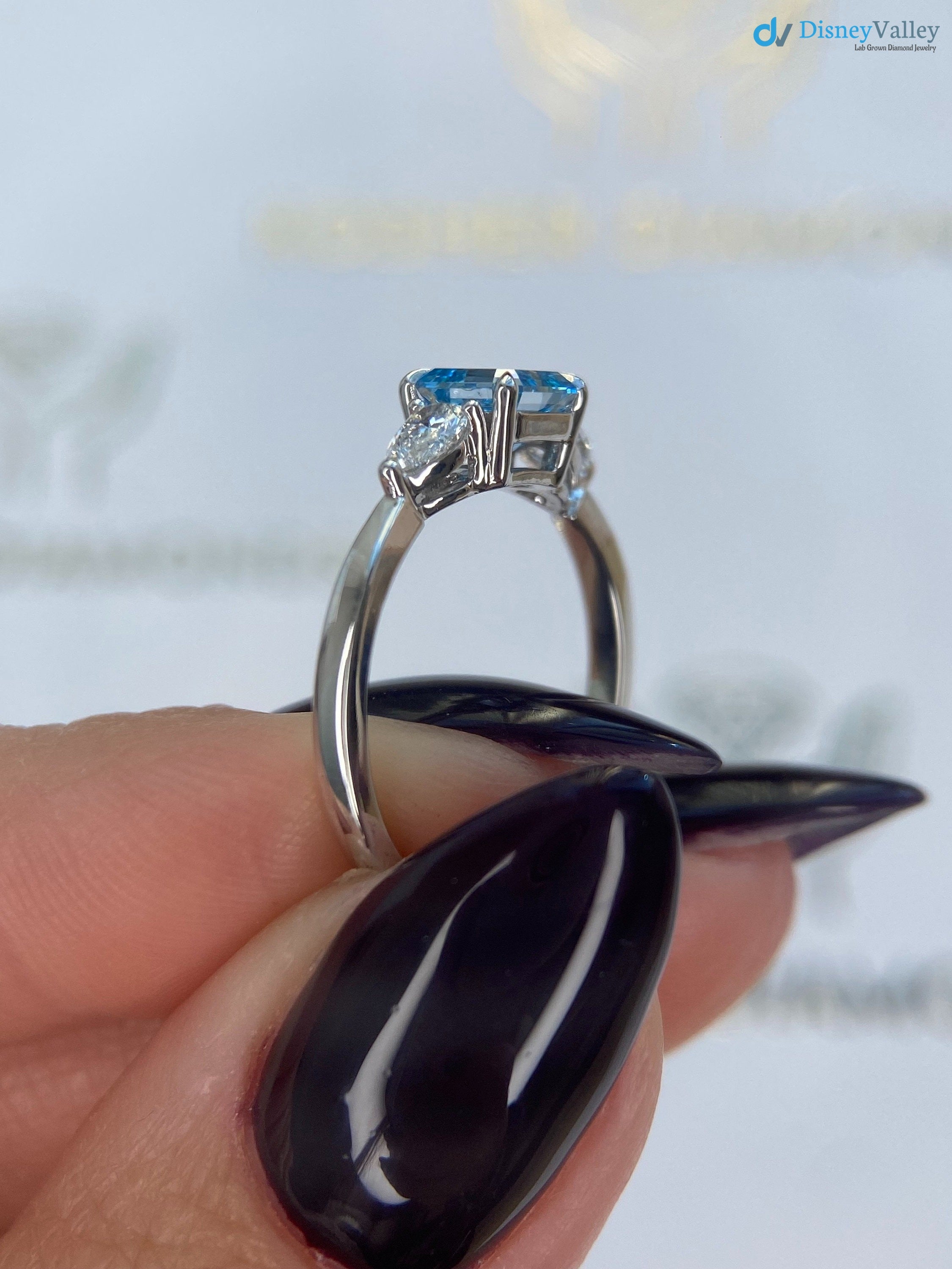 1.3 Carat Fancy Vivid Blue Color IGI Certified Asscher Cut Lab Diamond Three Stone Engagement Ring - DisneyValley 