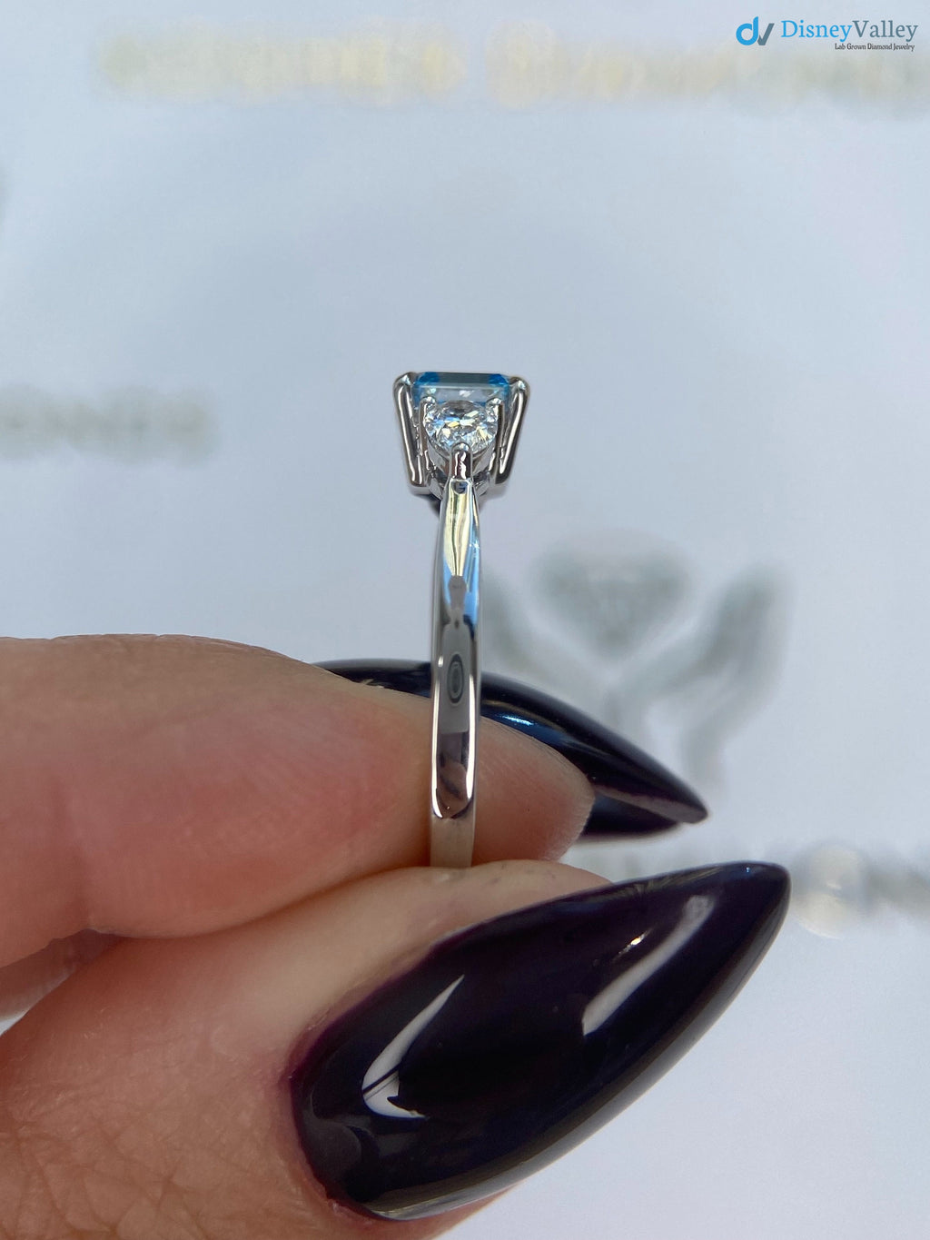 1.3 Carat Fancy Vivid Blue Color IGI Certified Asscher Cut Lab Diamond Three Stone Engagement Ring - DisneyValley 