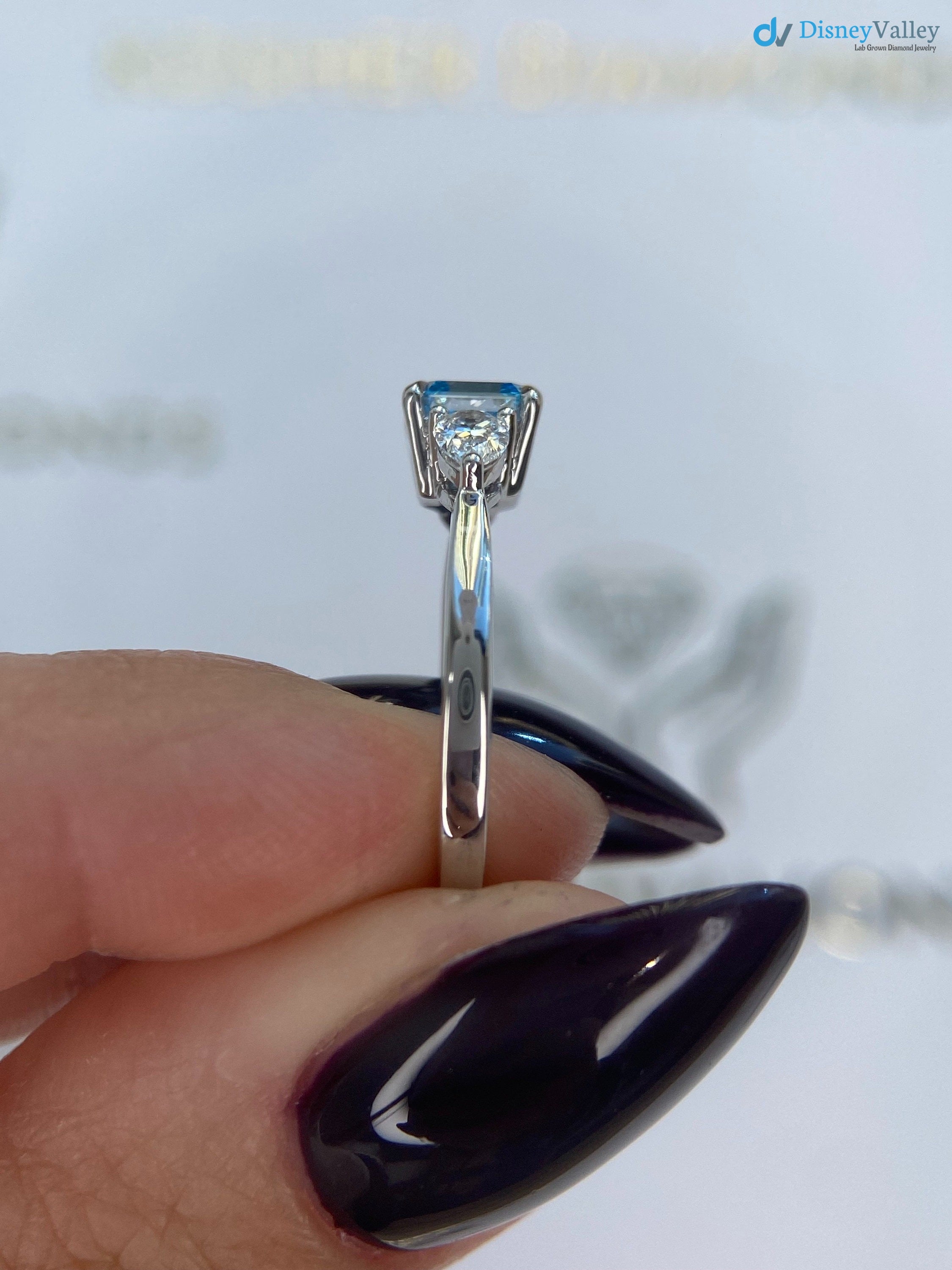 1.3 Carat Fancy Vivid Blue Color IGI Certified Asscher Cut Lab Diamond Three Stone Engagement Ring - DisneyValley 