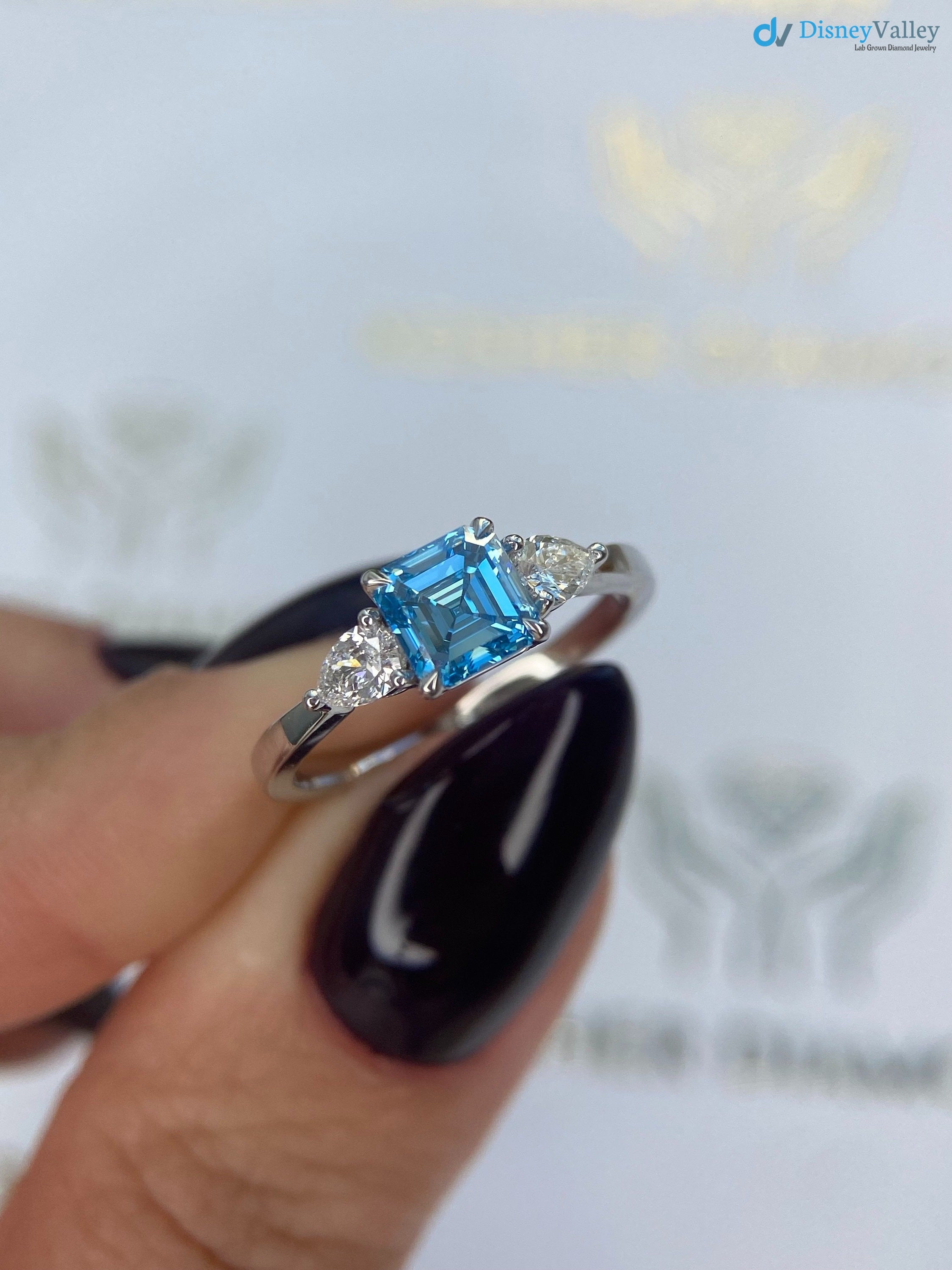 1.3 Carat Fancy Vivid Blue Color IGI Certified Asscher Cut Lab Diamond Three Stone Engagement Ring - DisneyValley 
