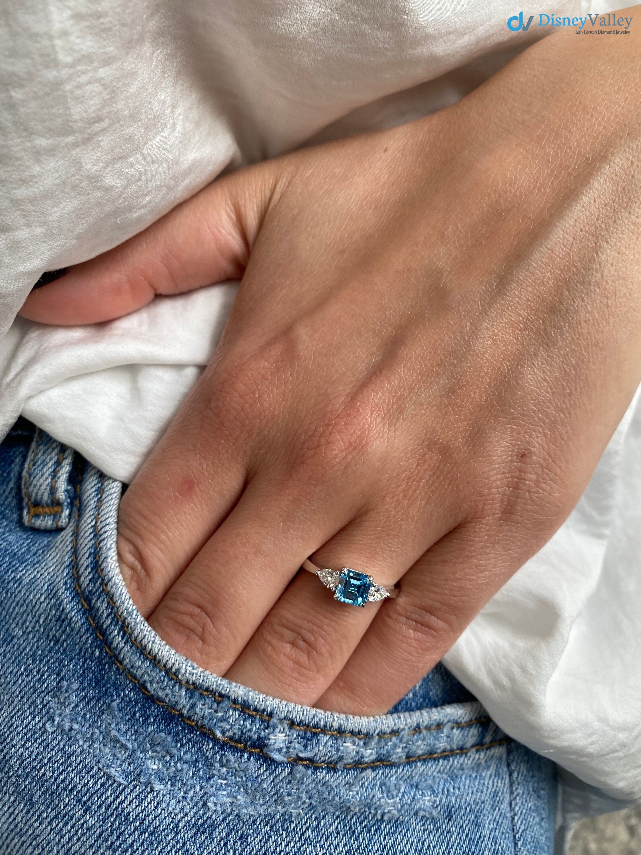 1.3 Carat Fancy Vivid Blue Color IGI Certified Asscher Cut Lab Diamond Three Stone Engagement Ring - DisneyValley 
