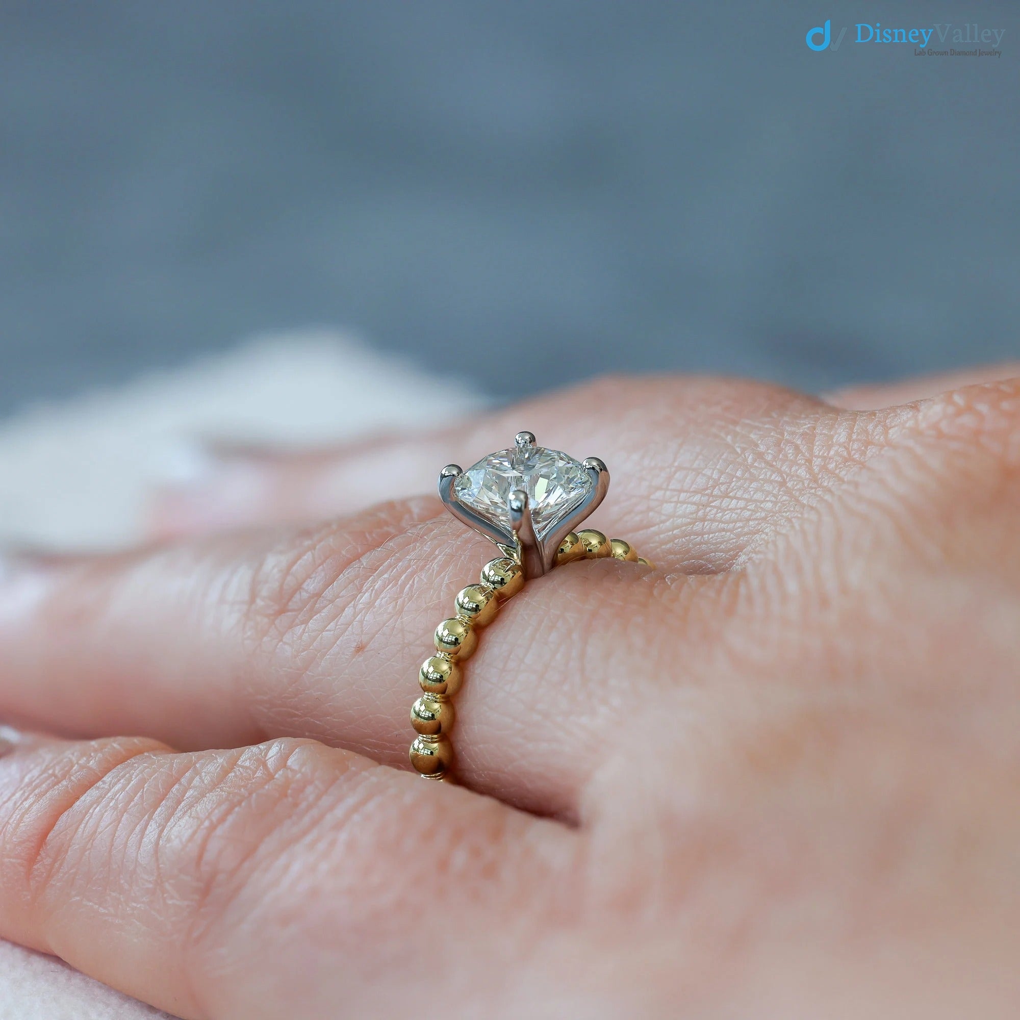 Beaded Diamond Engagement Ring Two-Toned Mixed Metal Solitaire ring - DisneyValley 