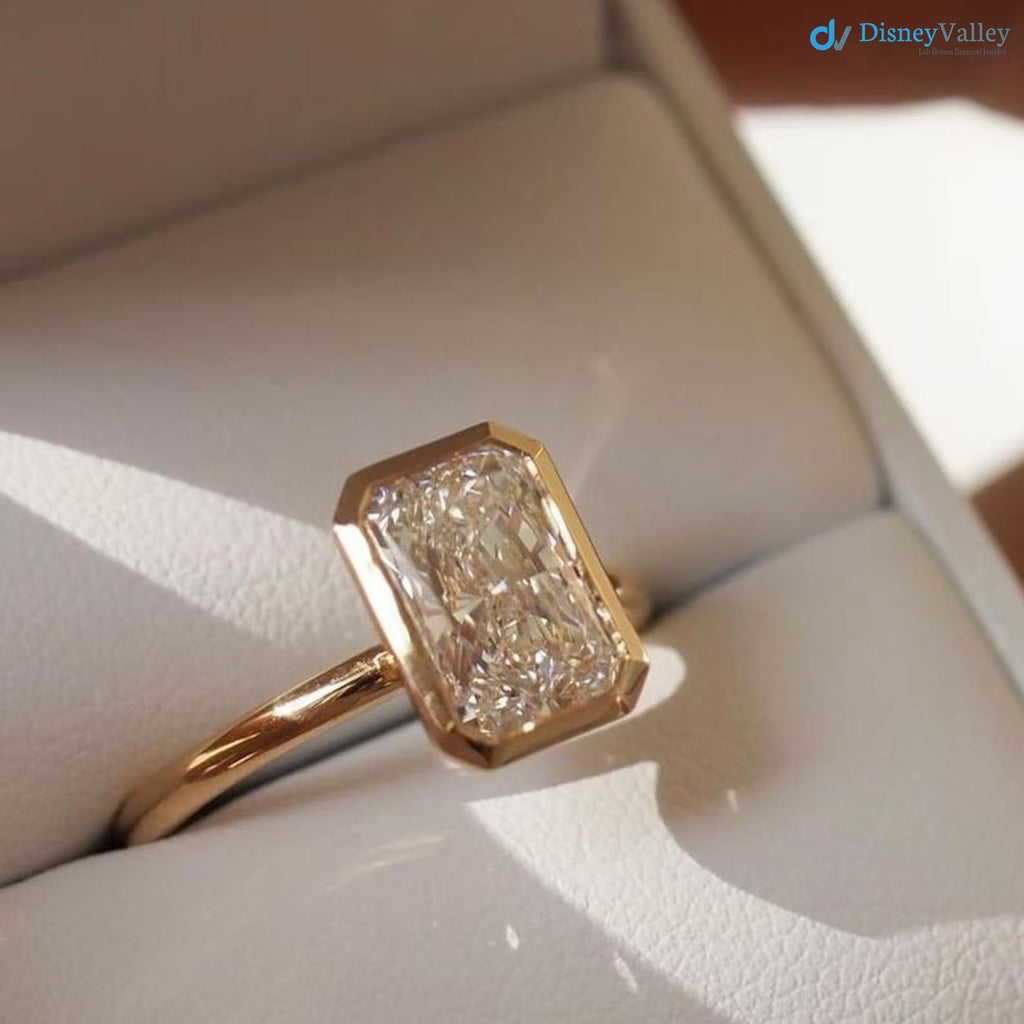 3.00 Ct IGI CERTIFIED Elongated Radiant Cut Lab Grown Diamond Bezel Set Solitaire Engagement Ring - DisneyValley 